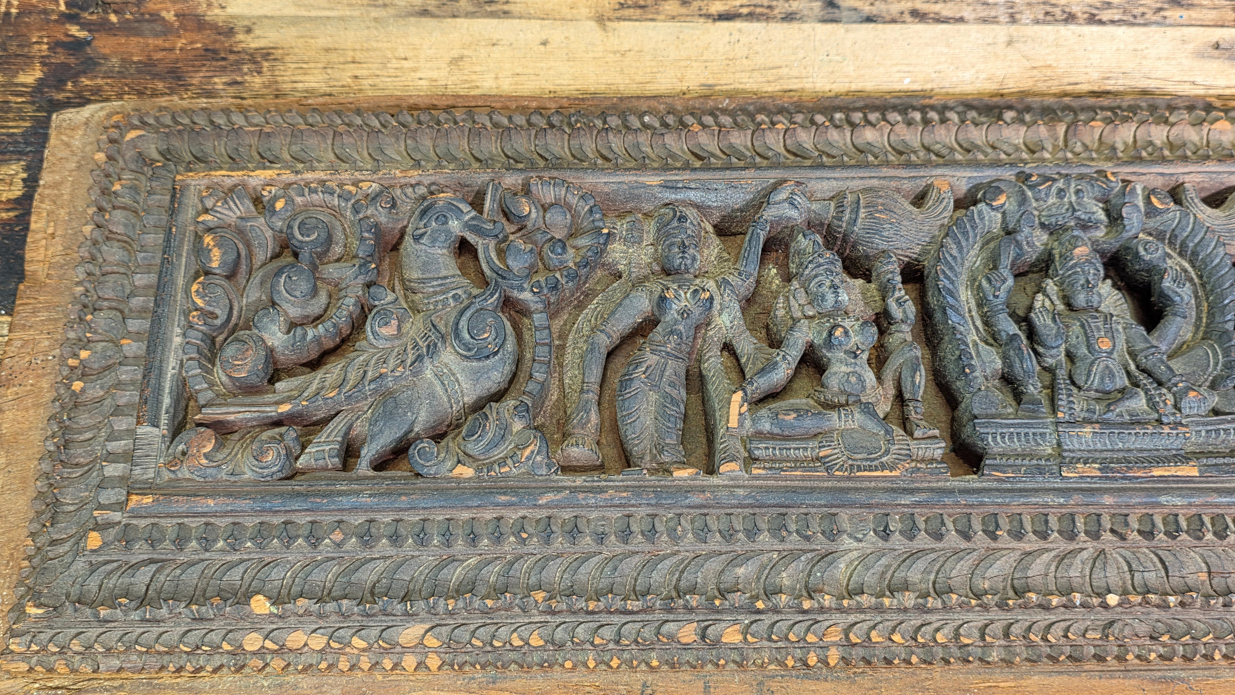 Antique India Wooden Panel Pair Lintel Carved Teak Temple Vishnu Wall Decor 2pc