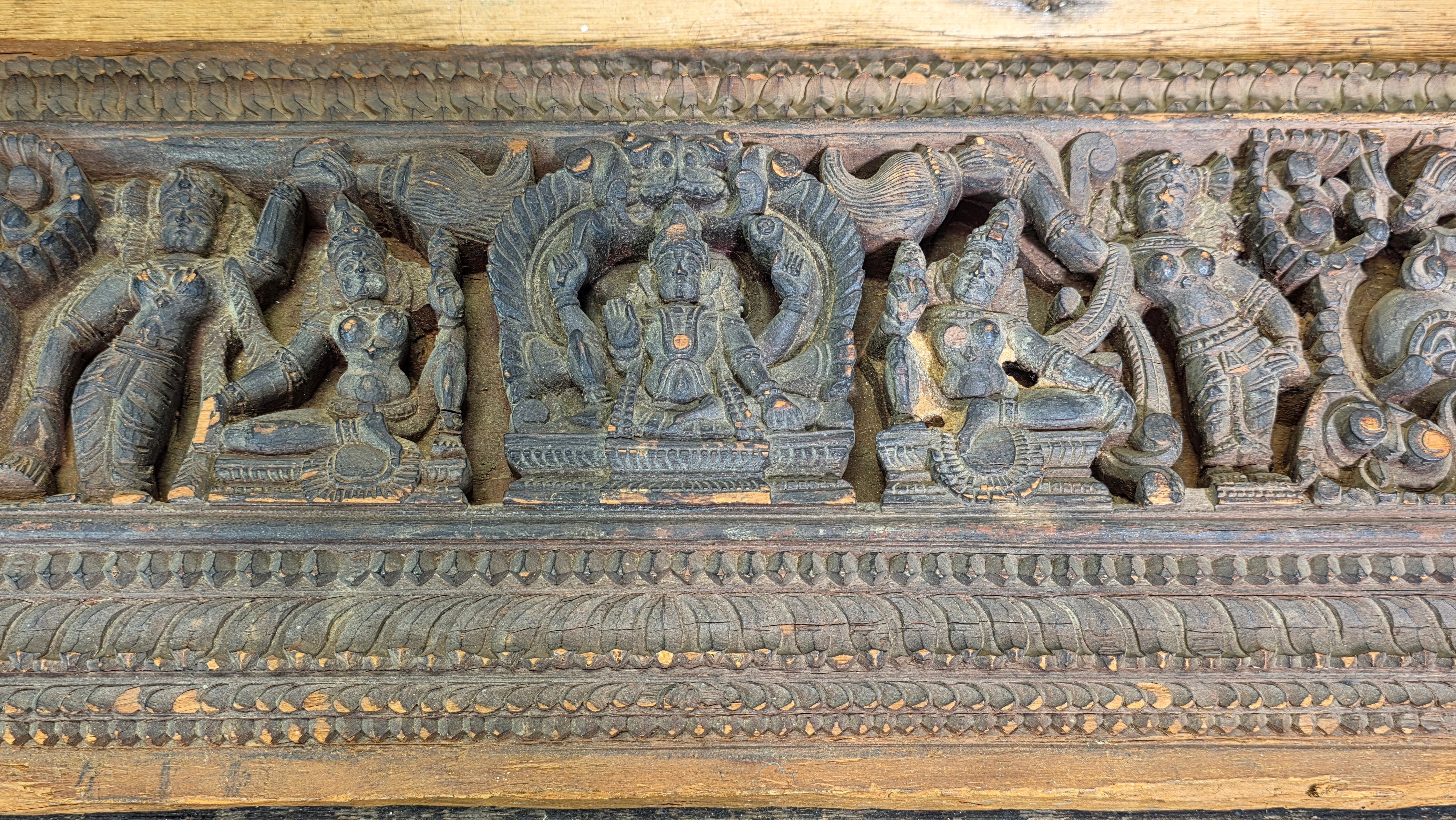 Antique India Wooden Panel Pair Lintel Carved Teak Temple Vishnu Wall Decor 2pc