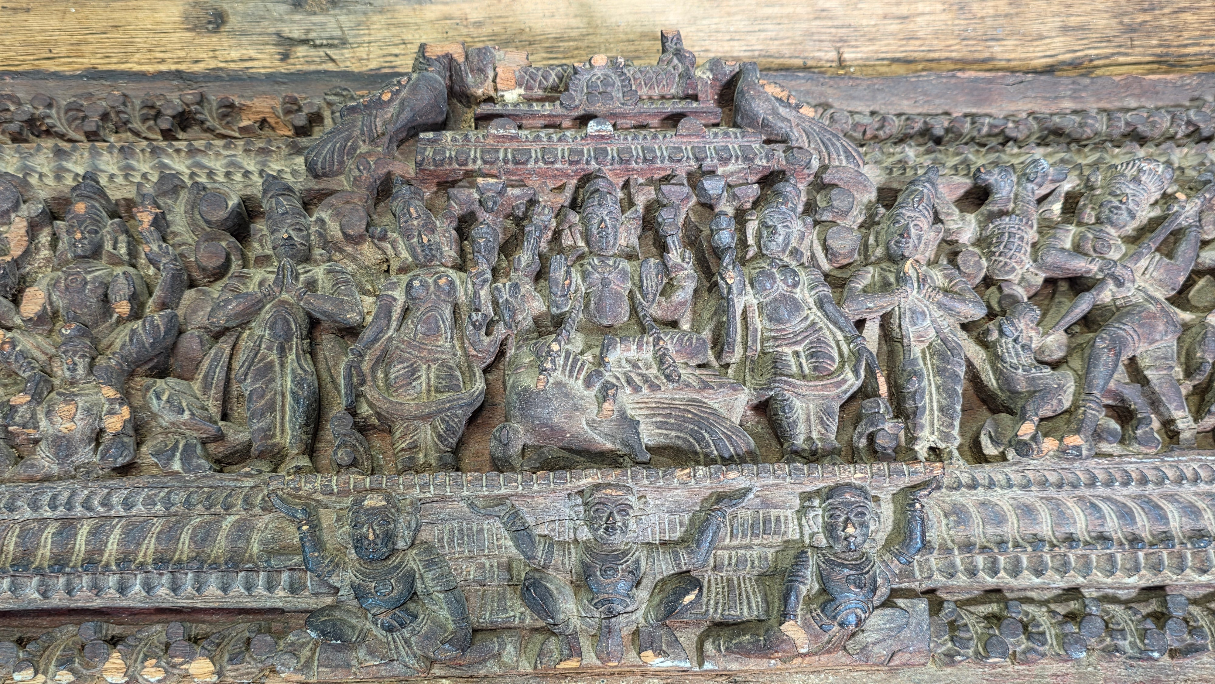 Antique India Wooden Panel Pair Lintel Carved Teak Temple Vishnu Wall Decor 2pc