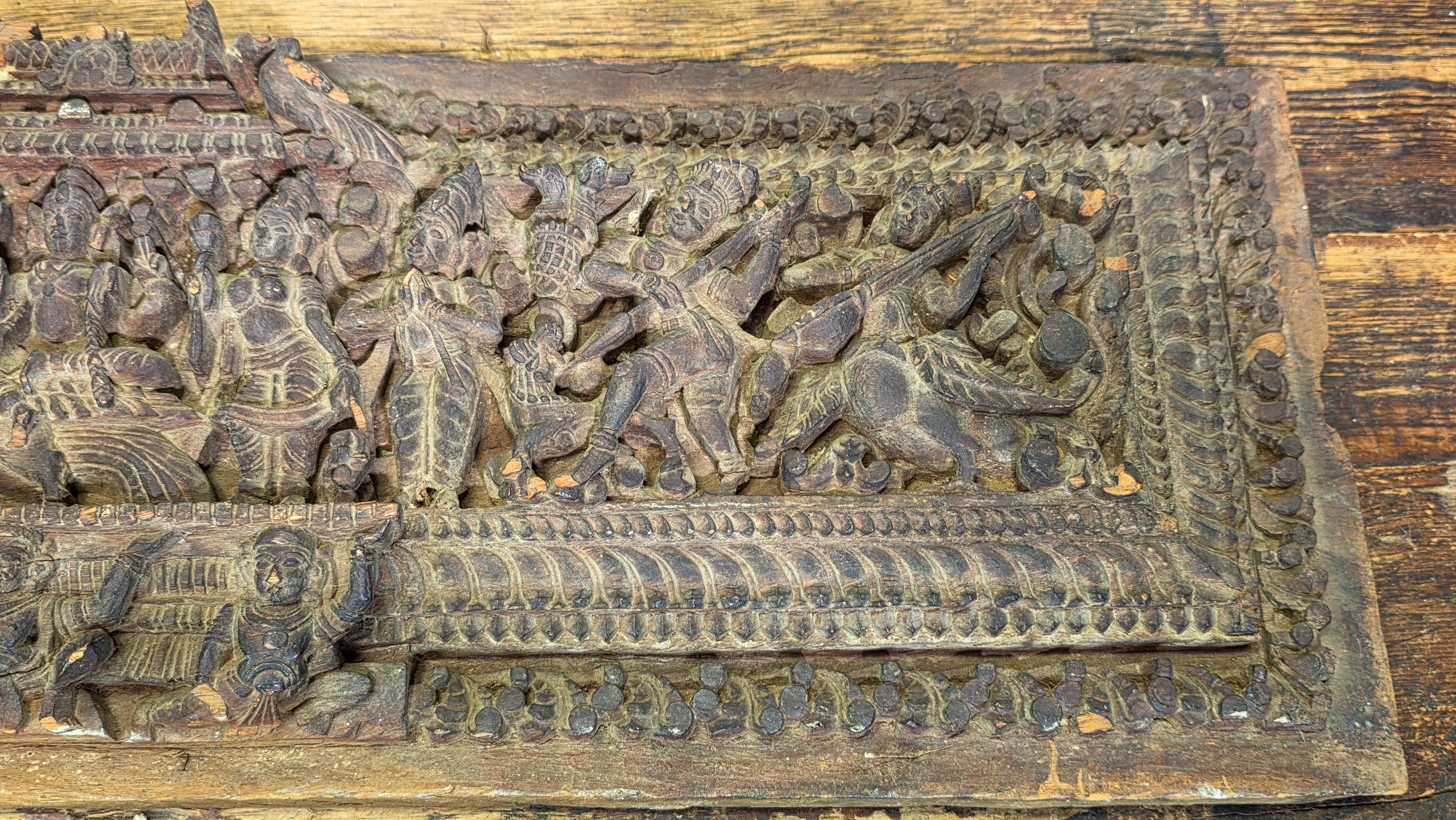 Antique India Wooden Panel Pair Lintel Carved Teak Temple Vishnu Wall Decor 2pc