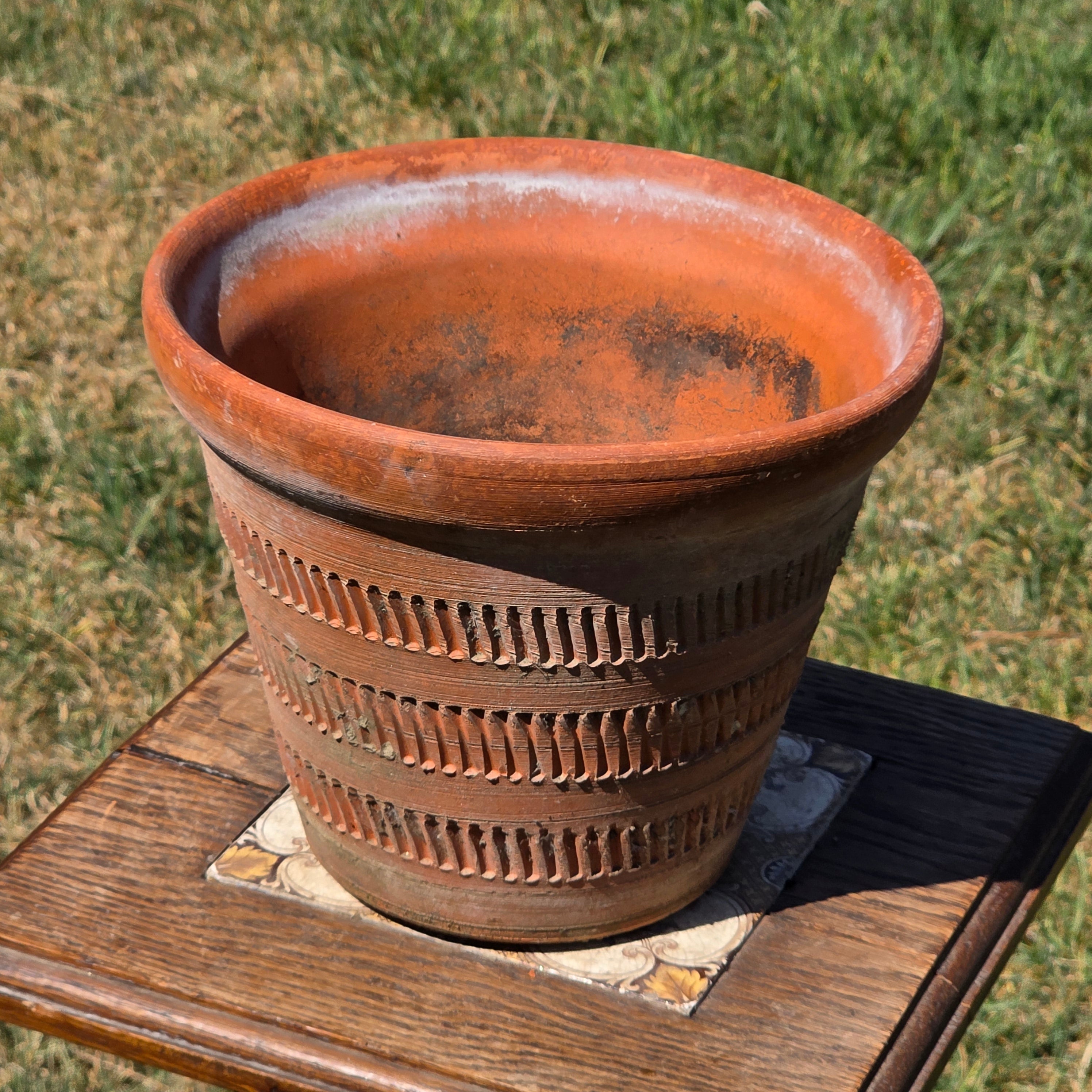 Vintage Oaxaca Style Mexican Terracotta Planter Hand Etched Clay Pot Folk Art 8.5"