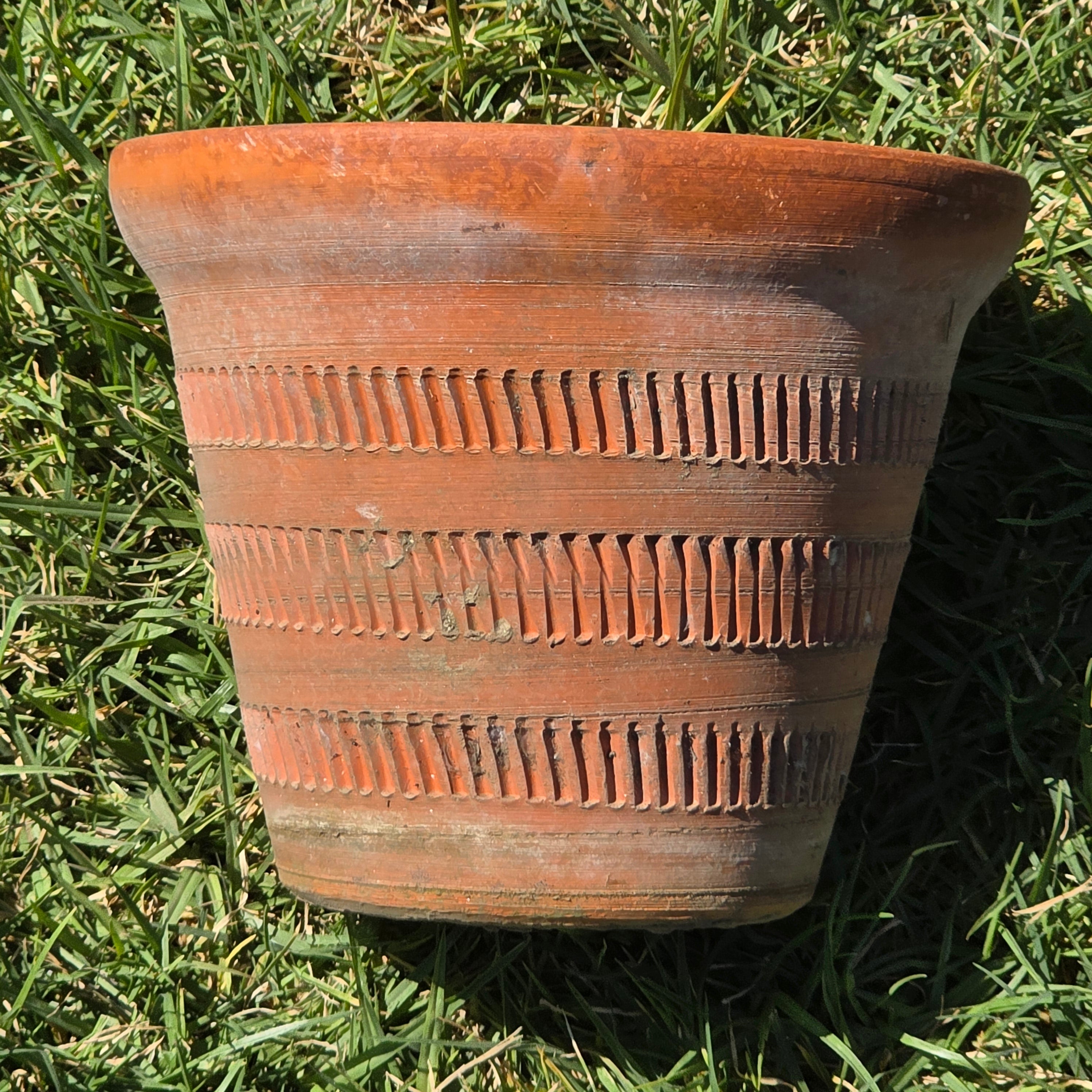 Vintage Oaxaca Style Mexican Terracotta Planter Hand Etched Clay Pot Folk Art 8.5"