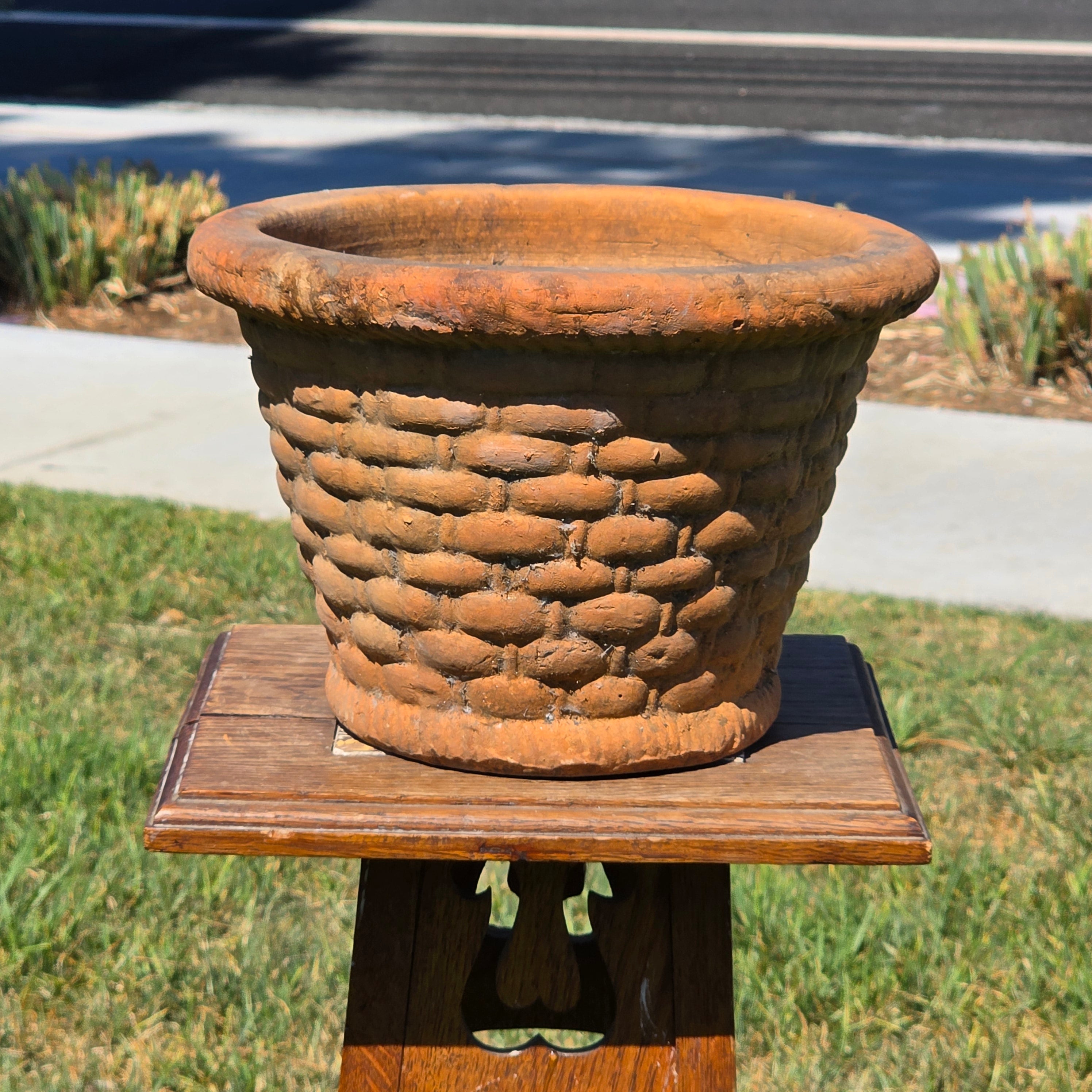 Vintage Terracotta Planter Basketweave Clay Pot Rope Rim Garden Rustic Heavy 11"
