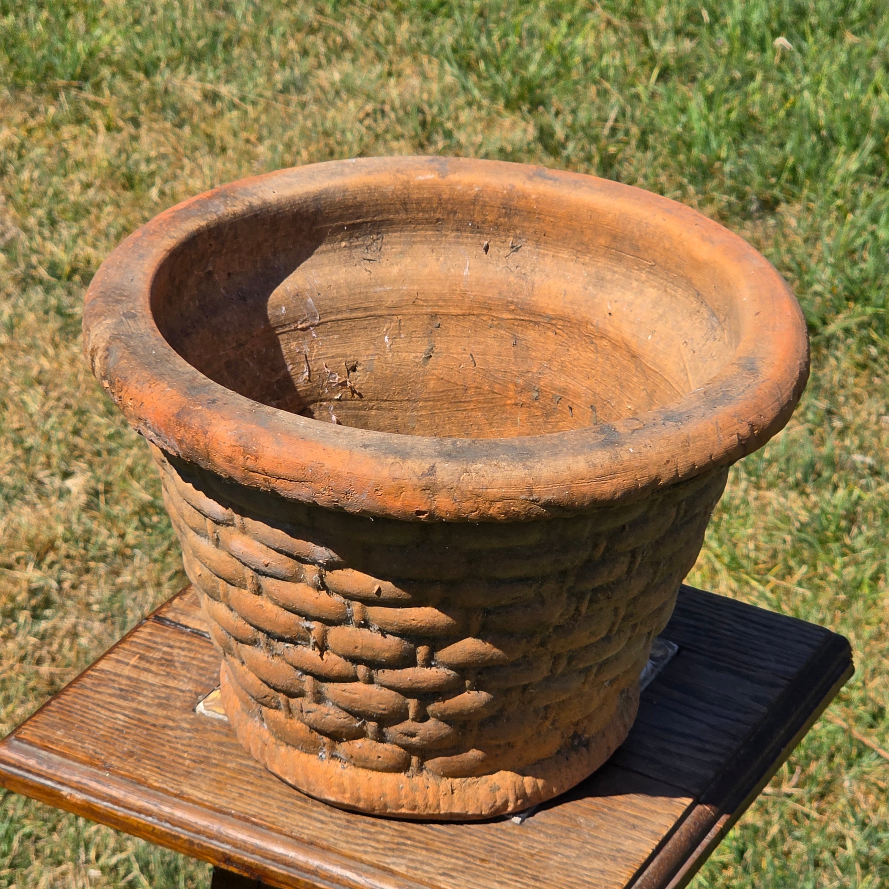 Vintage Terracotta Planter Basketweave Clay Pot Rope Rim Garden Rustic Heavy 11"