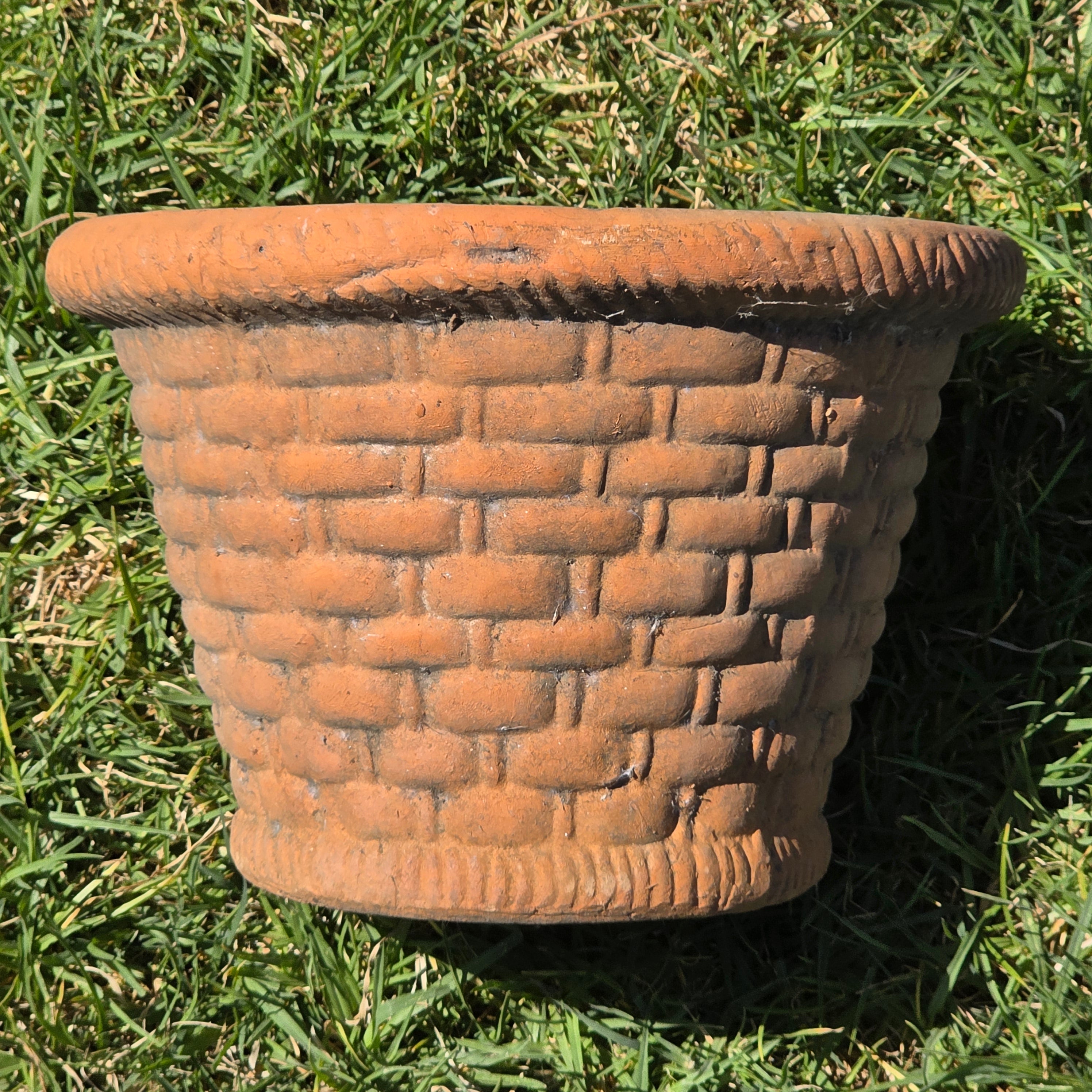 Vintage Terracotta Planter Basketweave Clay Pot Rope Rim Garden Rustic Heavy 11"