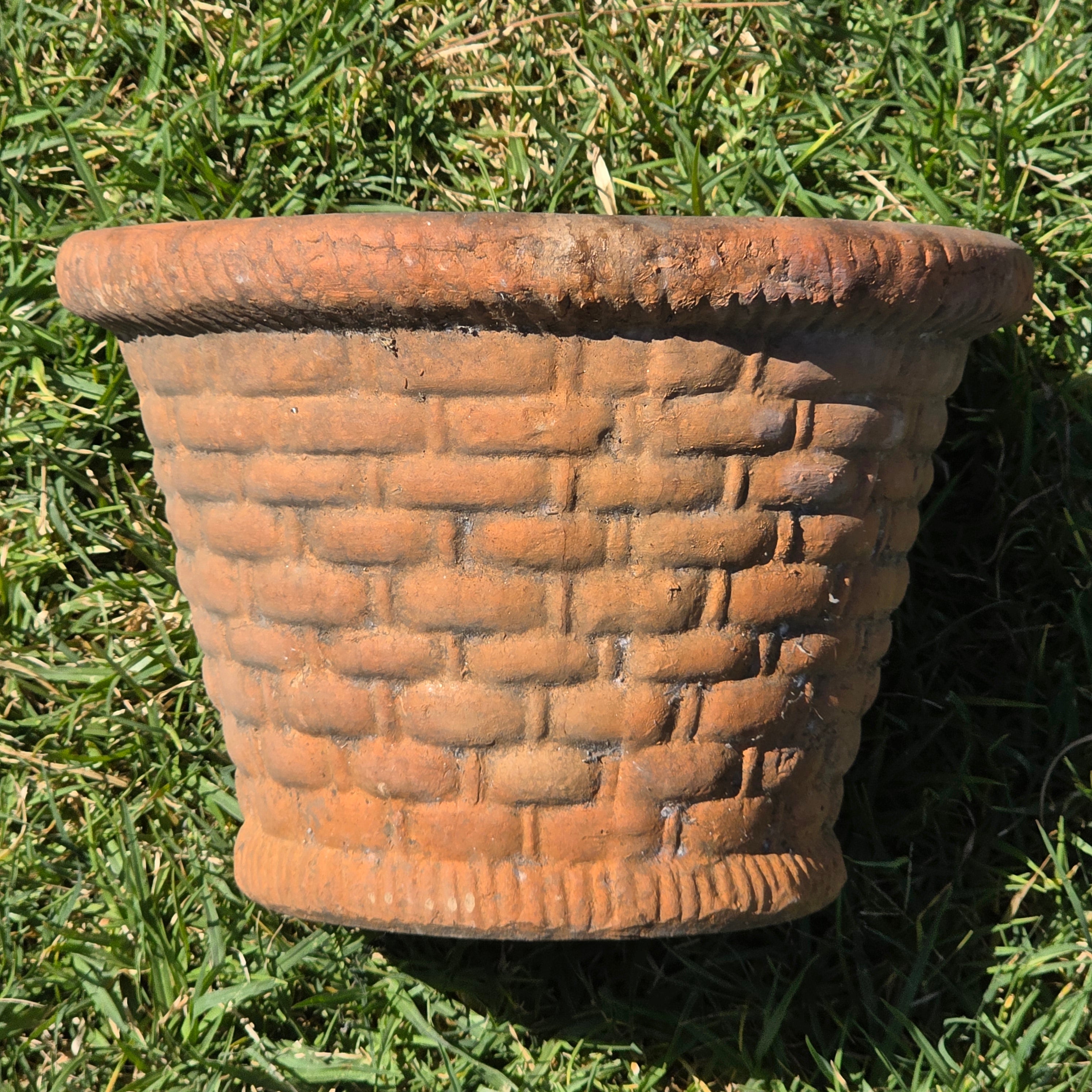 Vintage Terracotta Planter Basketweave Clay Pot Rope Rim Garden Rustic Heavy 11"