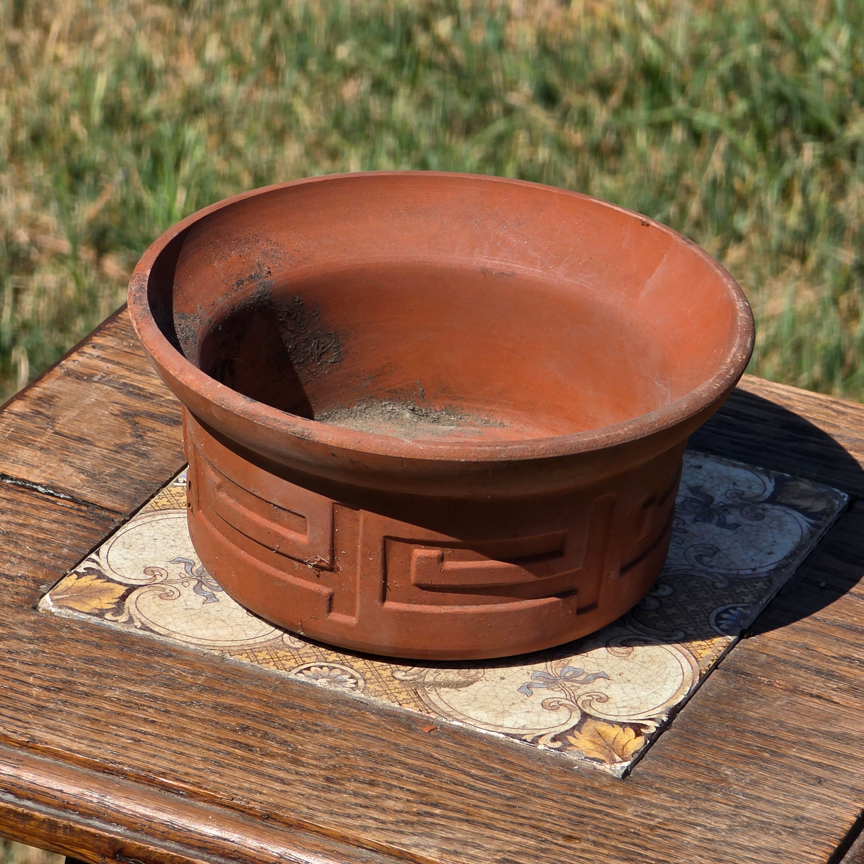 Vintage Greek Key Terracotta Candle Holder Planter Pot Cactus Succulent Clay 6"
