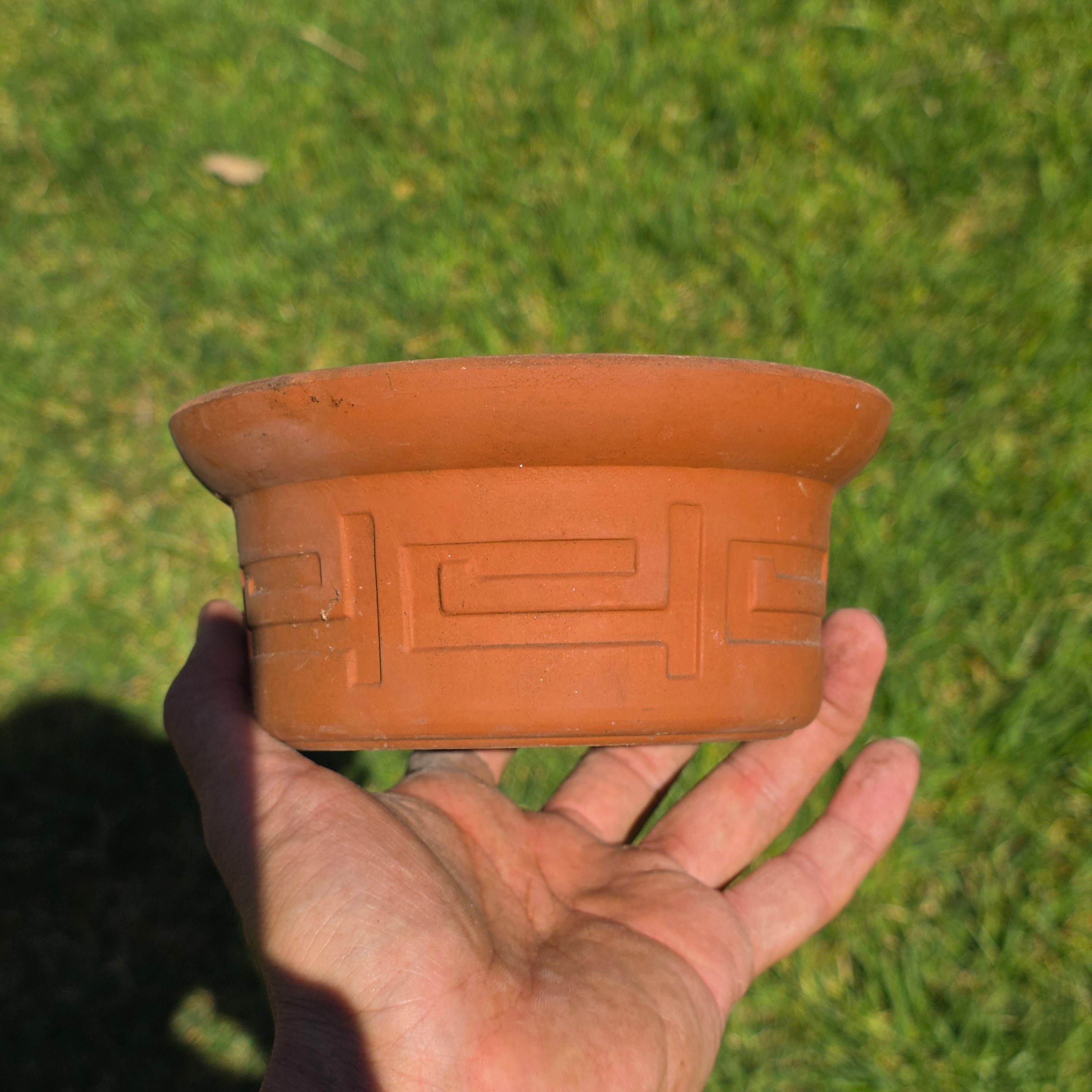 Vintage Greek Key Terracotta Candle Holder Planter Pot Cactus Succulent Clay 6"