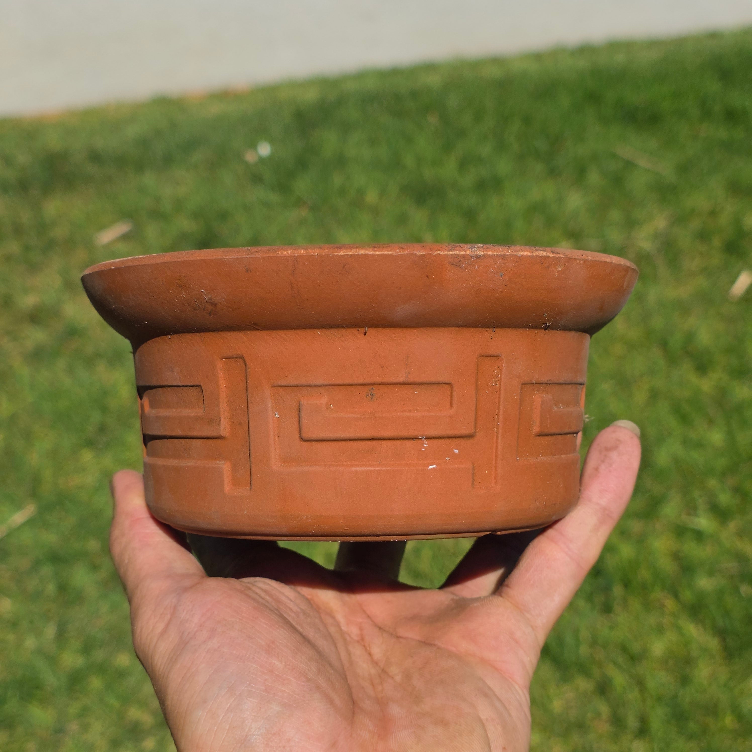 Vintage Greek Key Terracotta Candle Holder Planter Pot Cactus Succulent Clay 6"