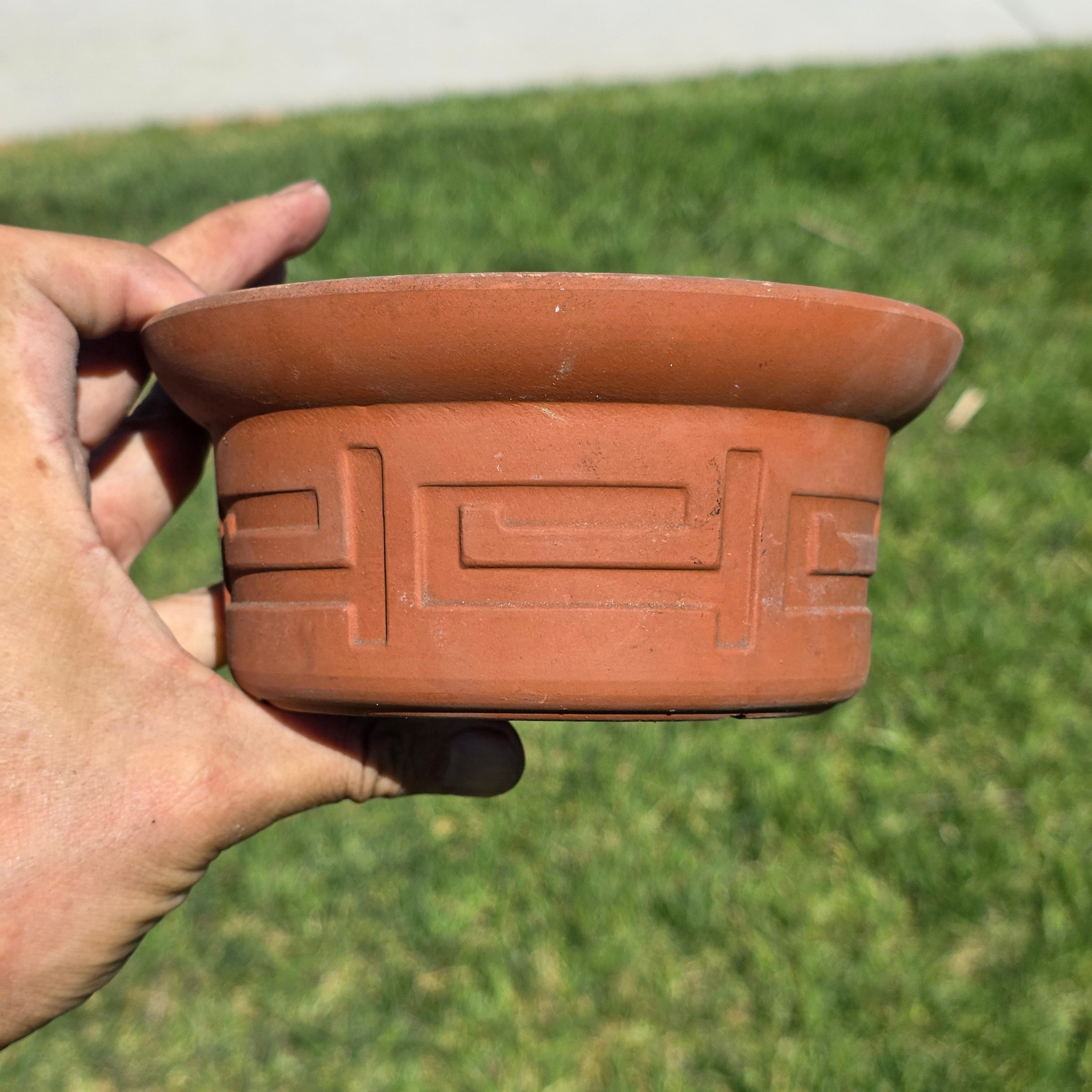 Vintage Greek Key Terracotta Candle Holder Planter Pot Cactus Succulent Clay 6"