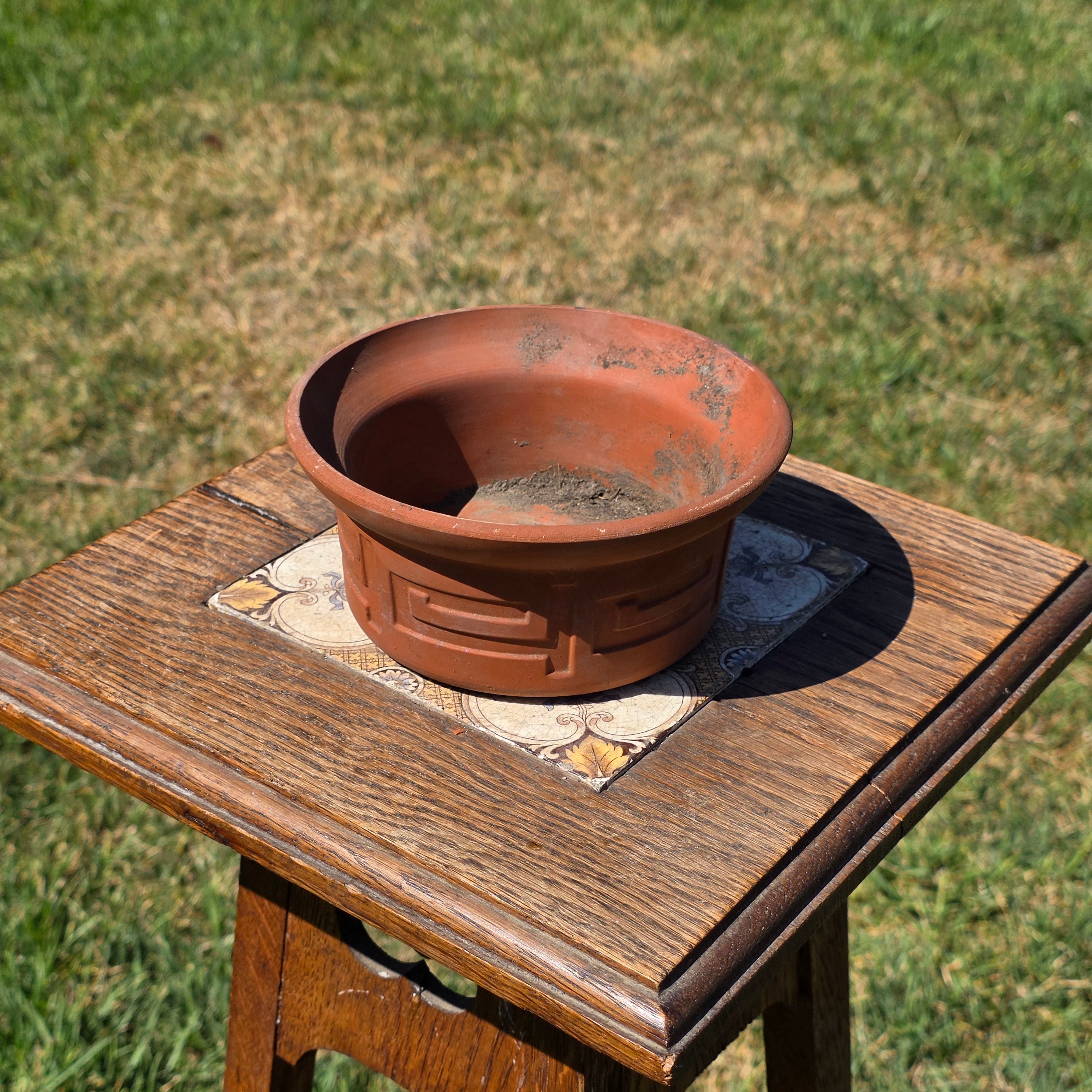 Vintage Greek Key Terracotta Candle Holder Planter Pot Cactus Succulent Clay 6"