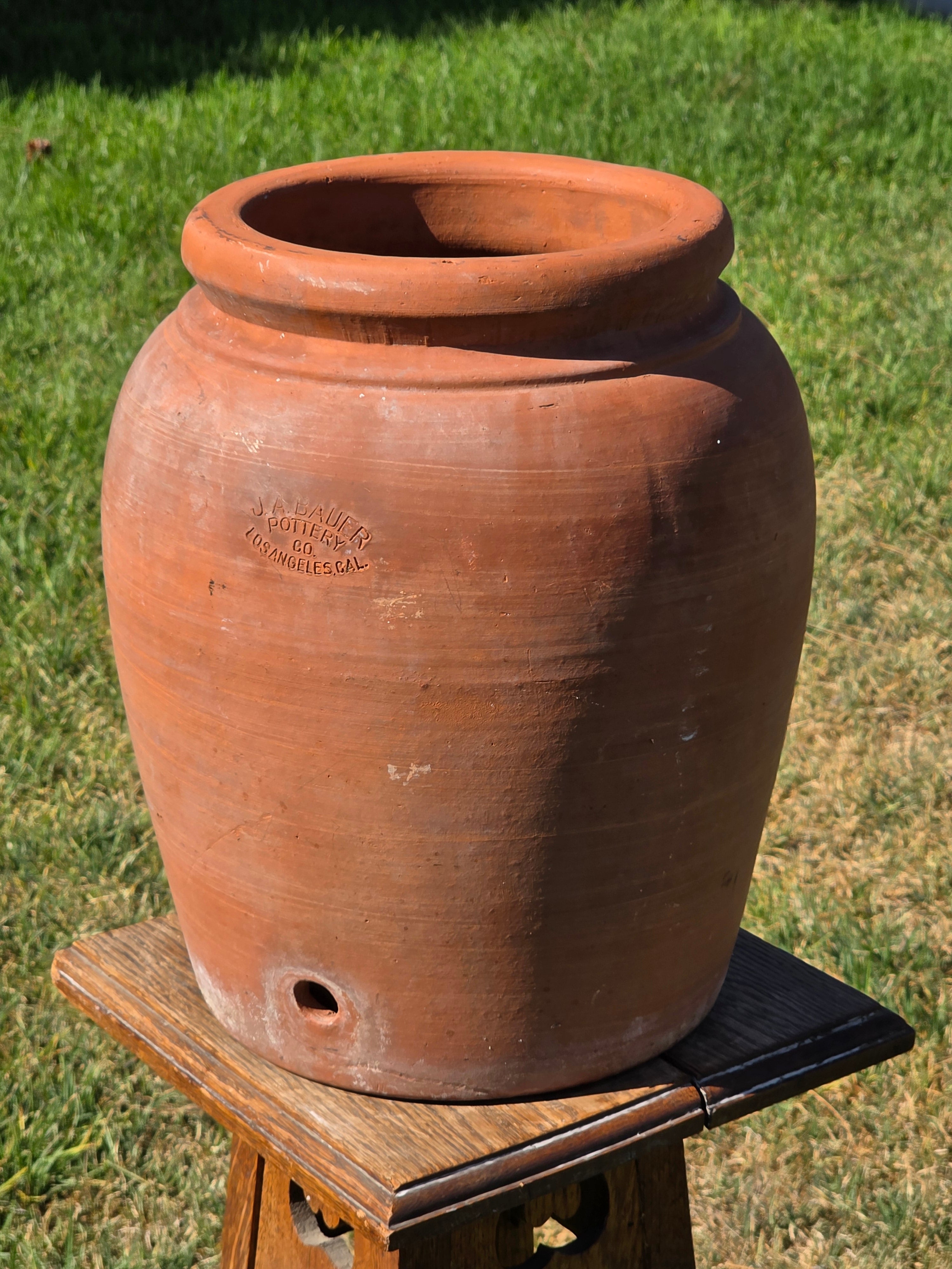 Antique JA Bauer Pottery Terracotta Water Jar Crock Los Angeles Clay Planter Pot