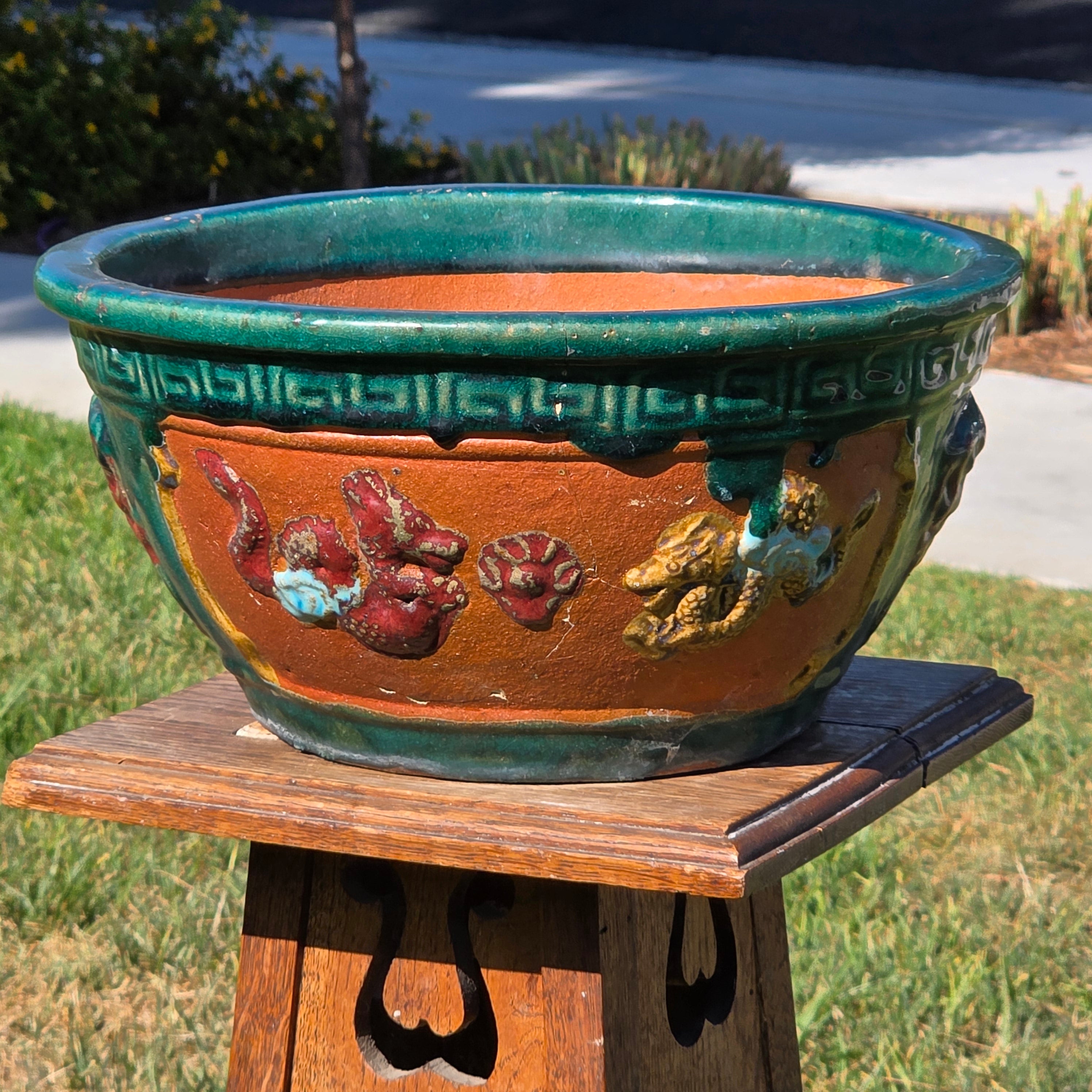 Vintage Chinese Dragon Terracotta Planter Green Glaze Relief Jardiniere 13.5" (Sold AS-IS)