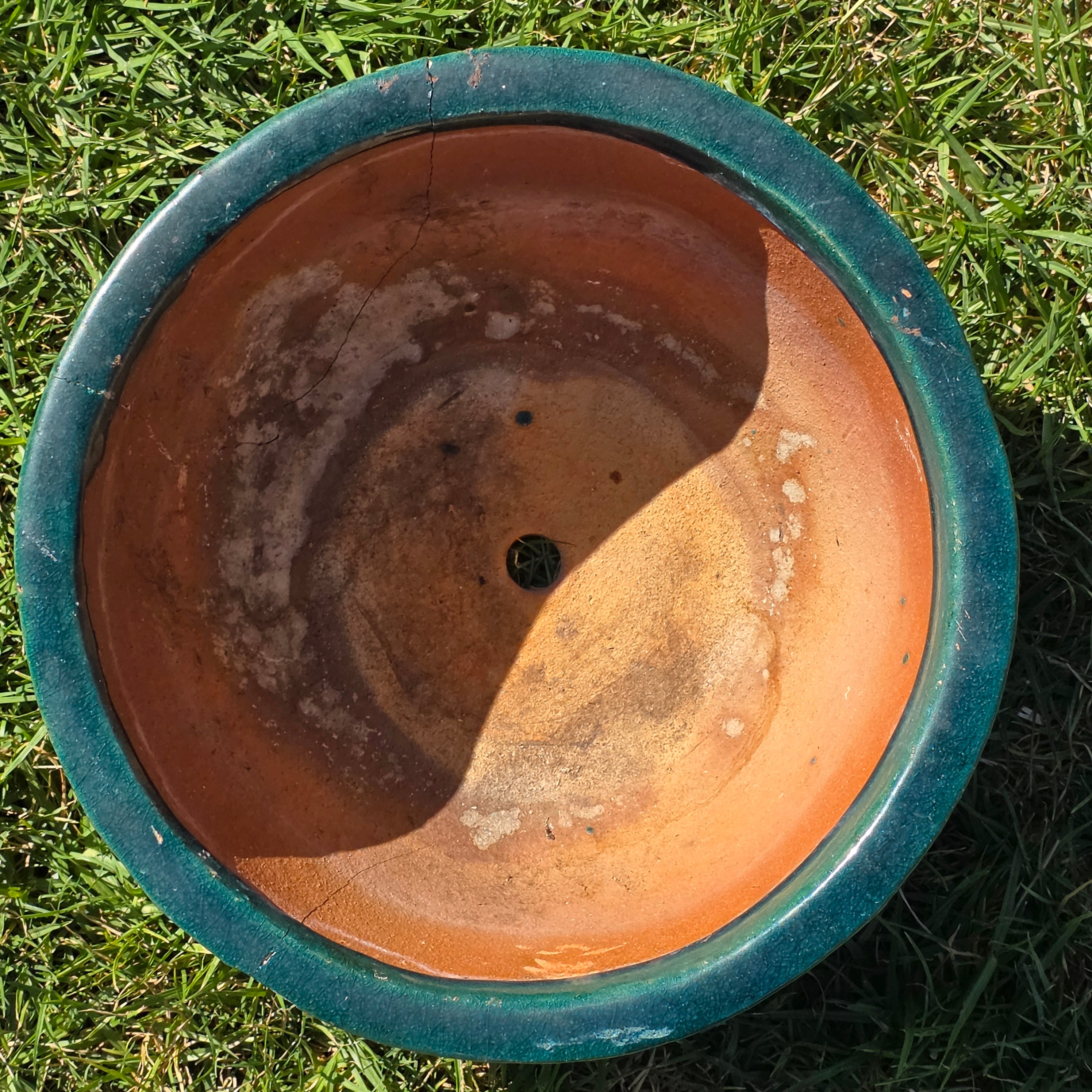 Vintage Chinese Dragon Terracotta Planter Green Glaze Relief Jardiniere 13.5" (Sold AS-IS)