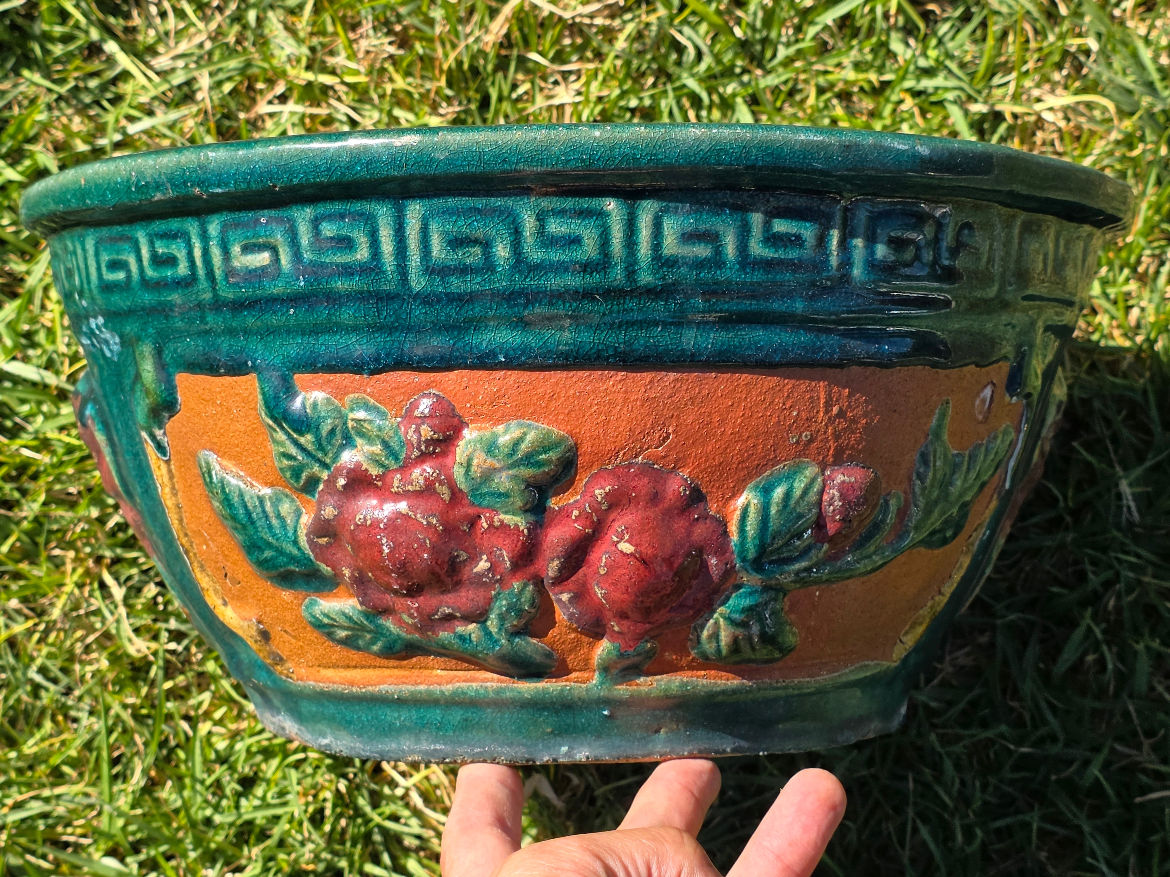 Vintage Chinese Dragon Terracotta Planter Green Glaze Relief Jardiniere 13.5" (Sold AS-IS)