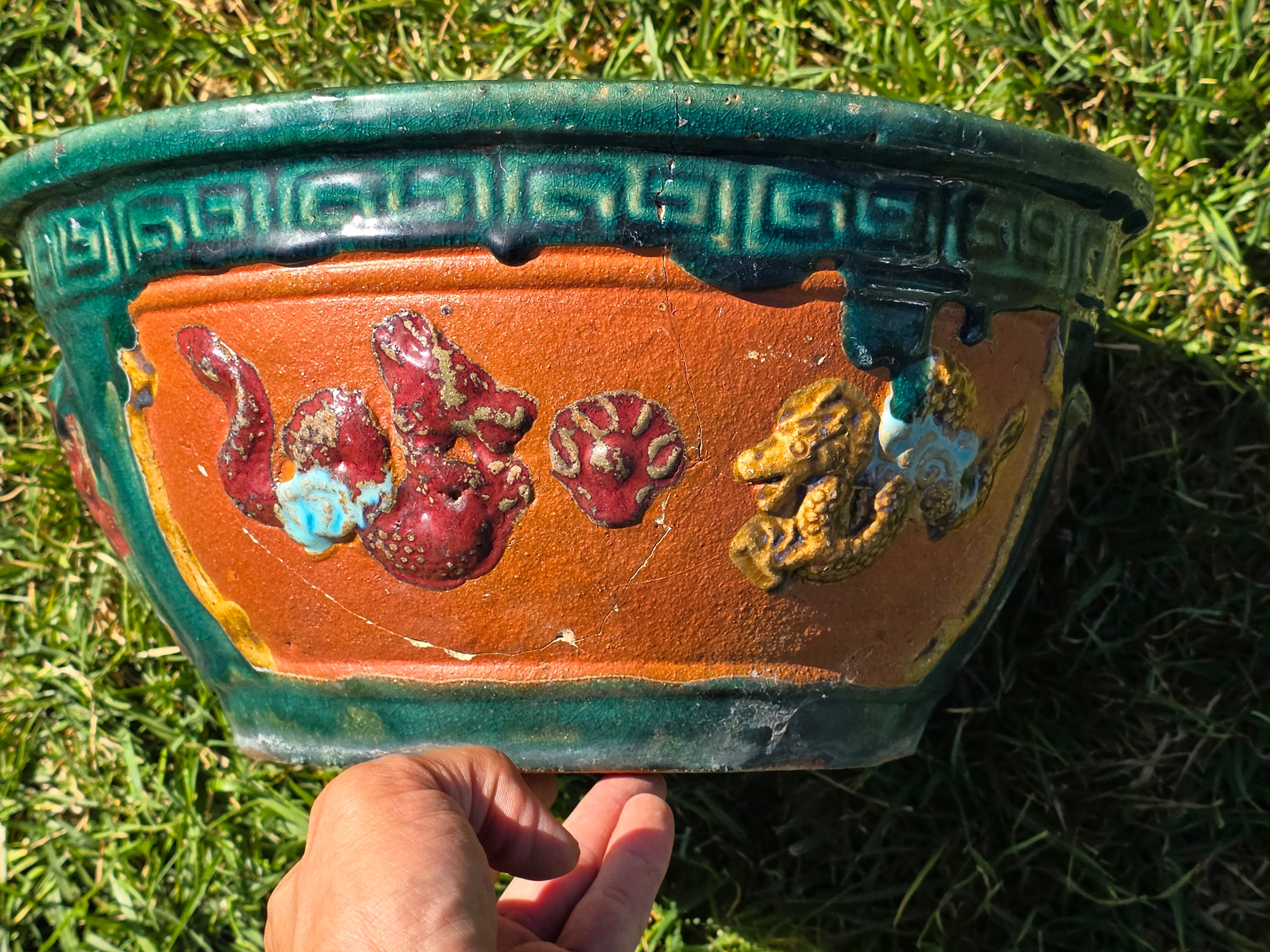 Vintage Chinese Dragon Terracotta Planter Green Glaze Relief Jardiniere 13.5" (Sold AS-IS)