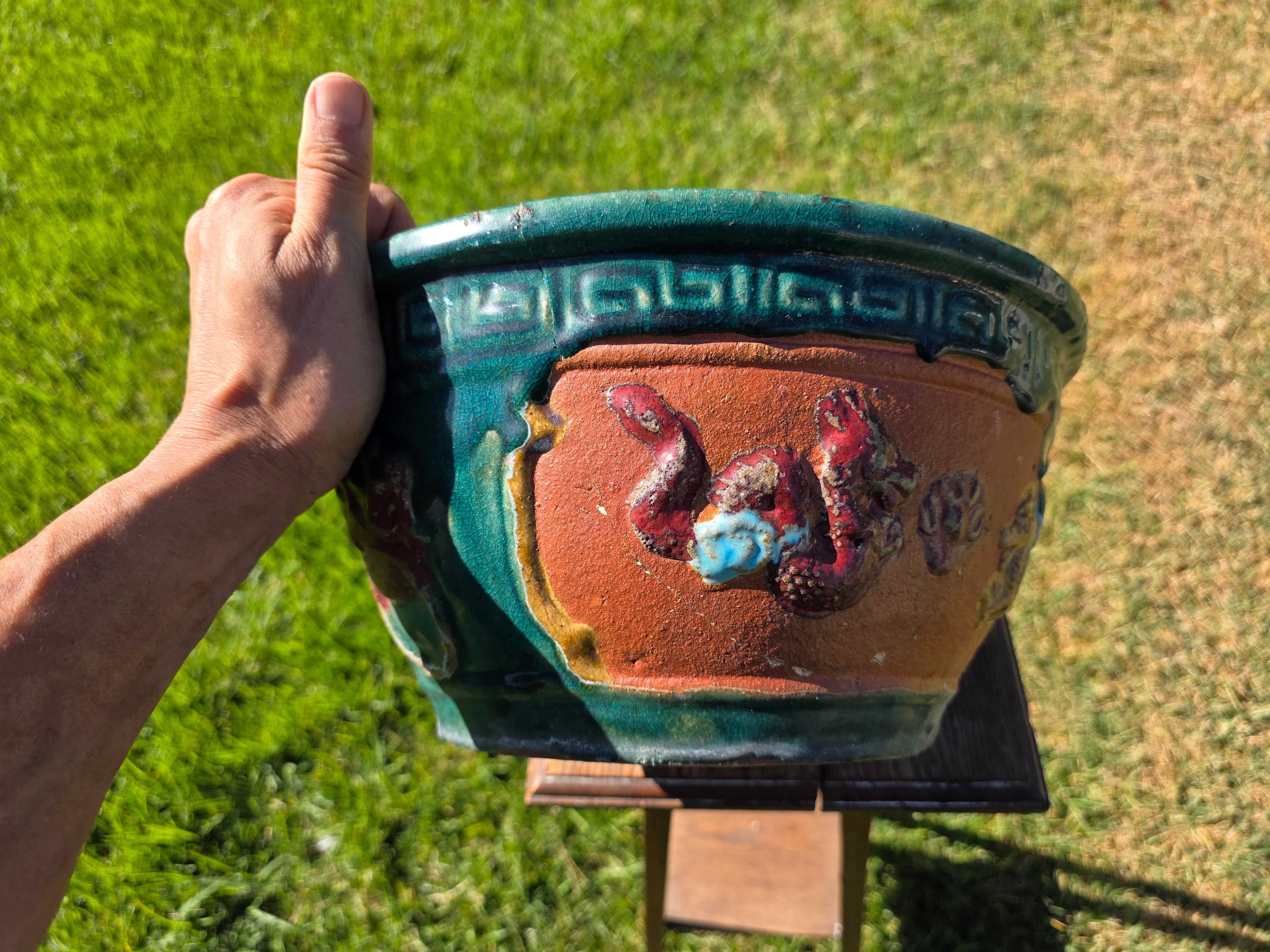 Vintage Chinese Dragon Terracotta Planter Green Glaze Relief Jardiniere 13.5" (Sold AS-IS)