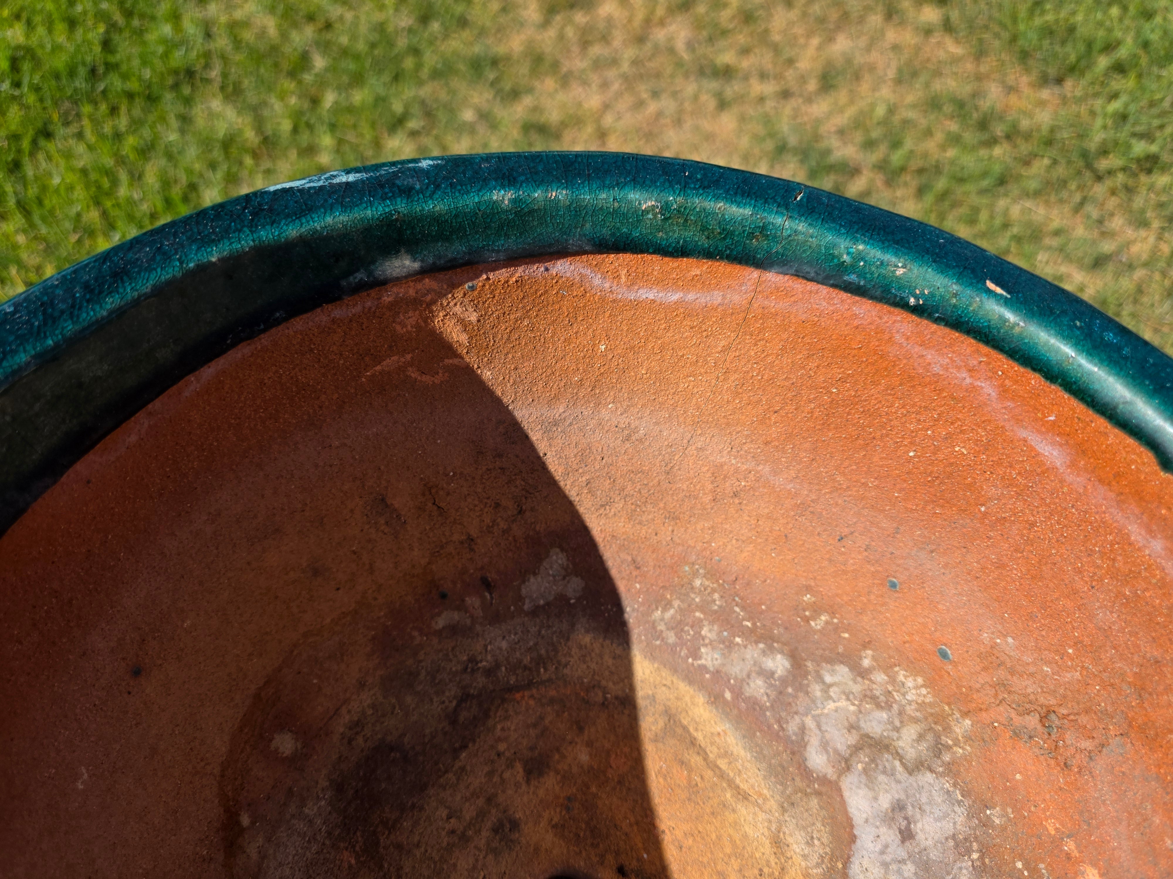 Vintage Chinese Dragon Terracotta Planter Green Glaze Relief Jardiniere 13.5" (Sold AS-IS)