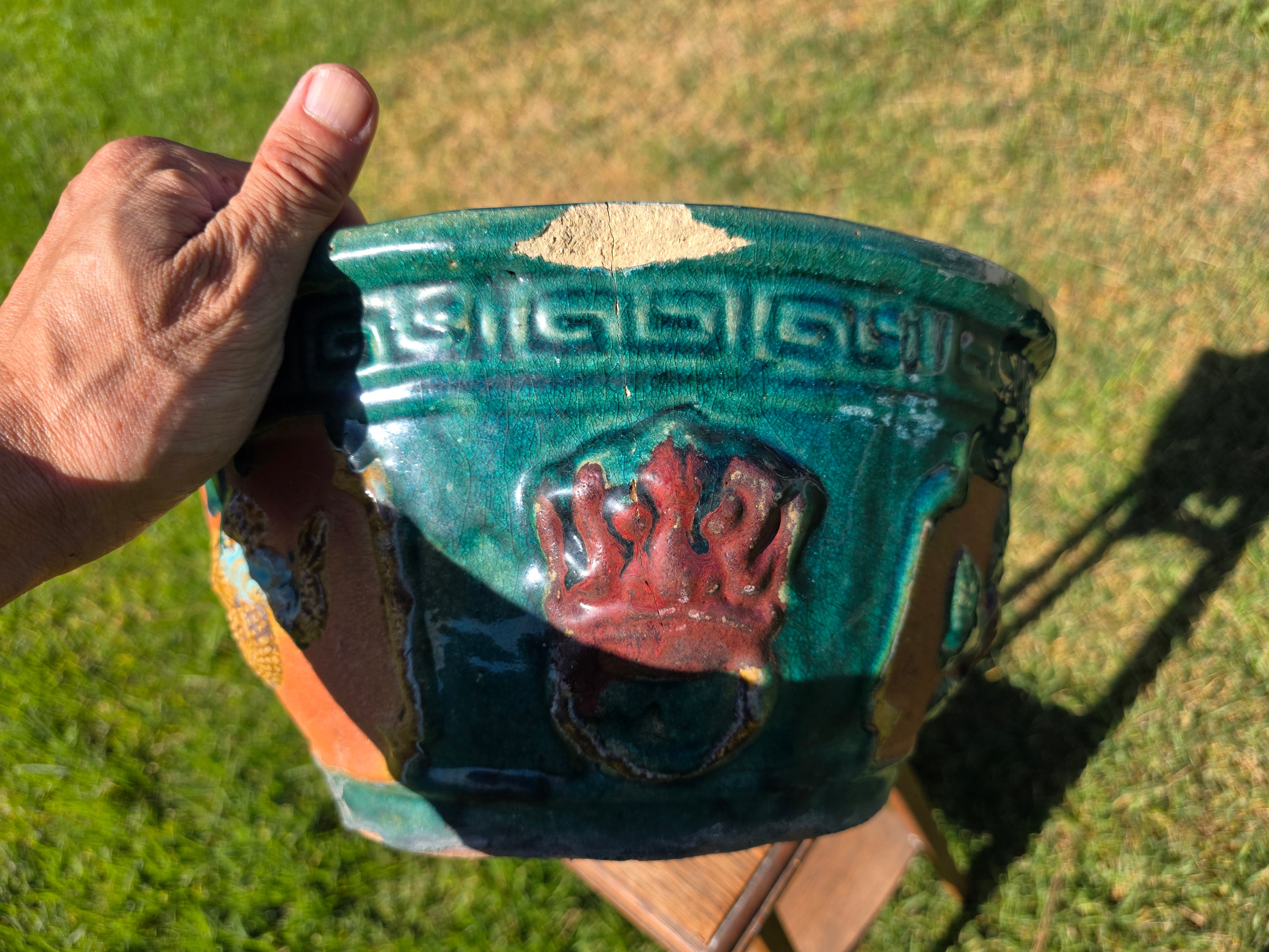 Vintage Chinese Dragon Terracotta Planter Green Glaze Relief Jardiniere 13.5" (Sold AS-IS)