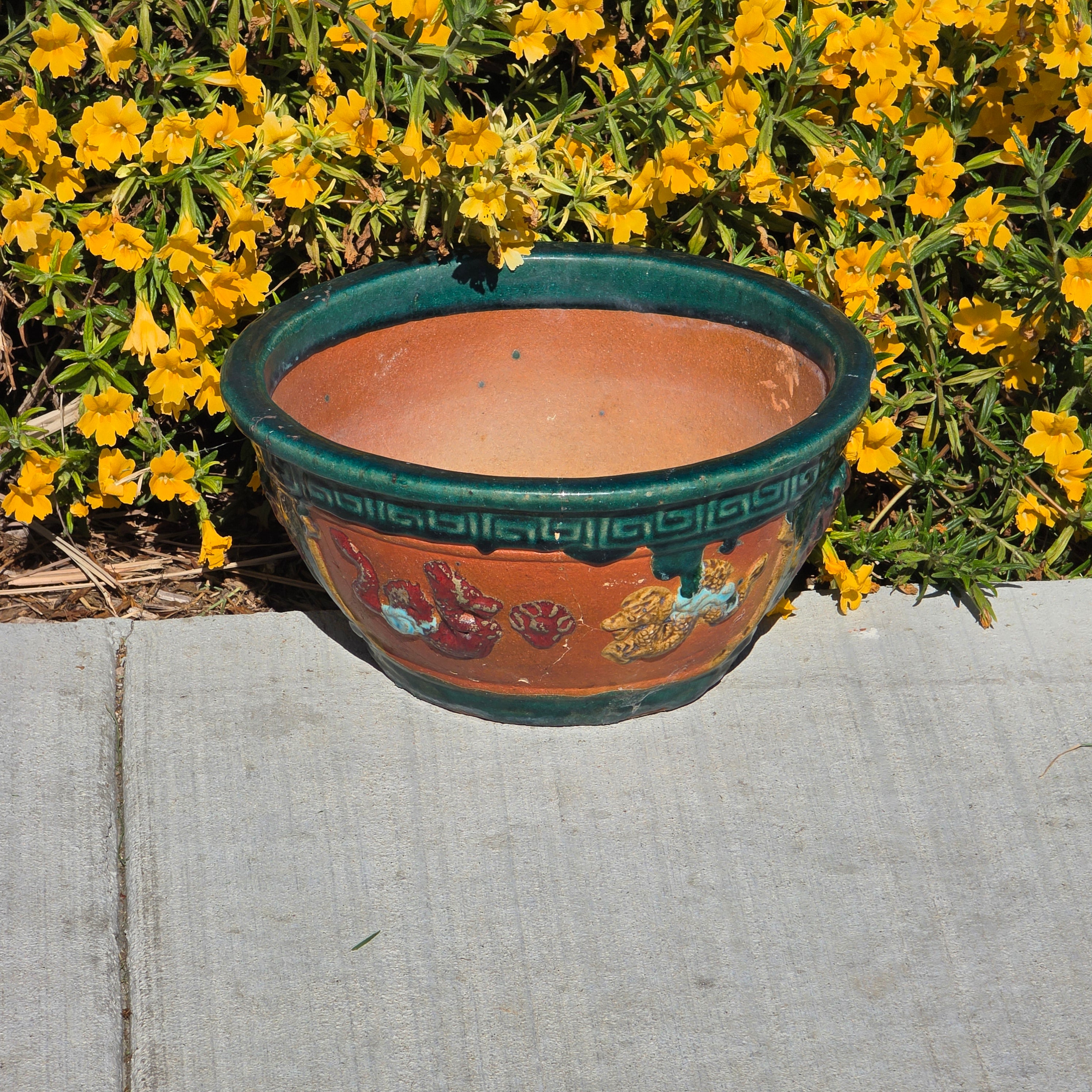 Vintage Chinese Dragon Terracotta Planter Green Glaze Relief Jardiniere 13.5" (Sold AS-IS)