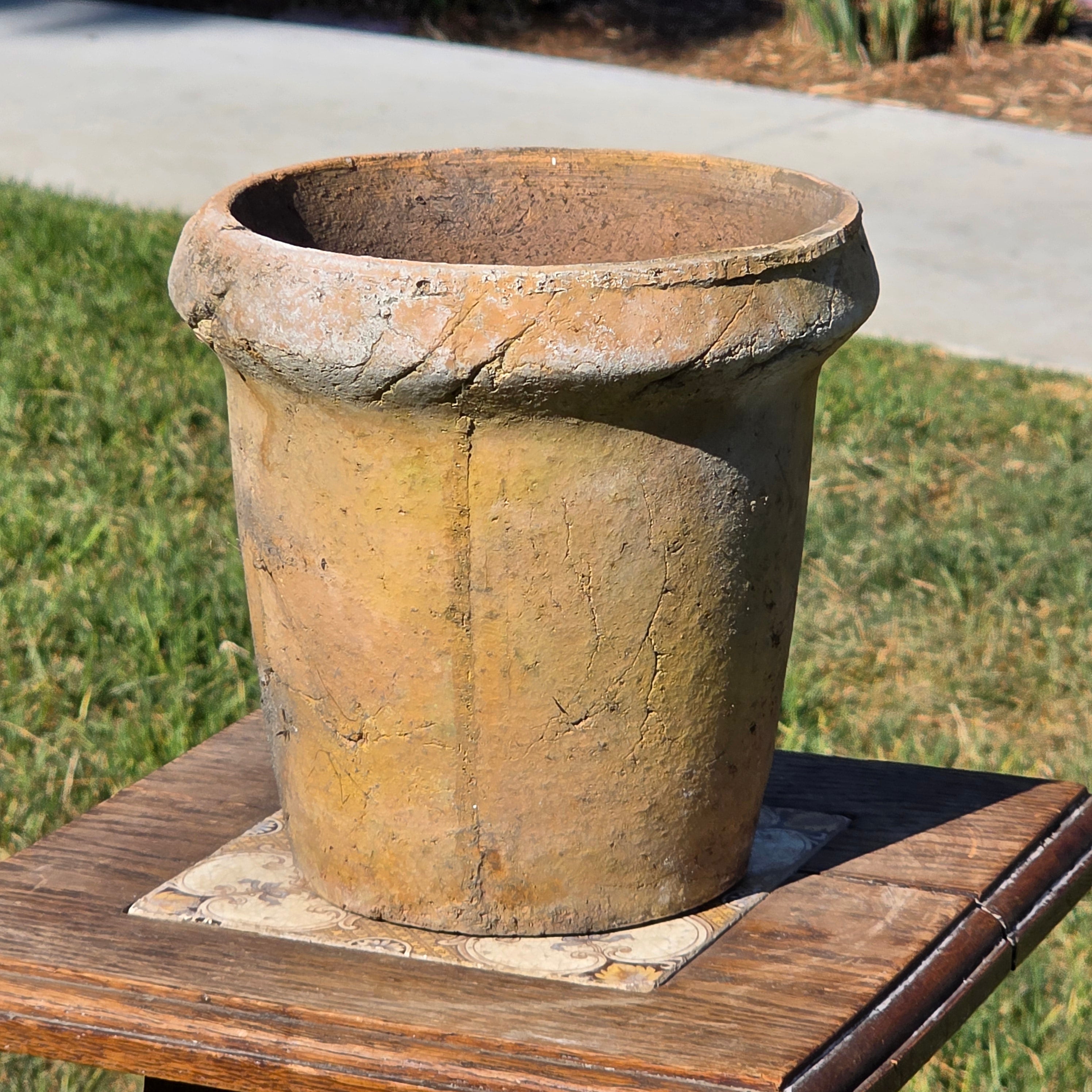Vintage Brutalist Clay Cachepot Planter Rustic Garden Patina Flower Pot 7.5"