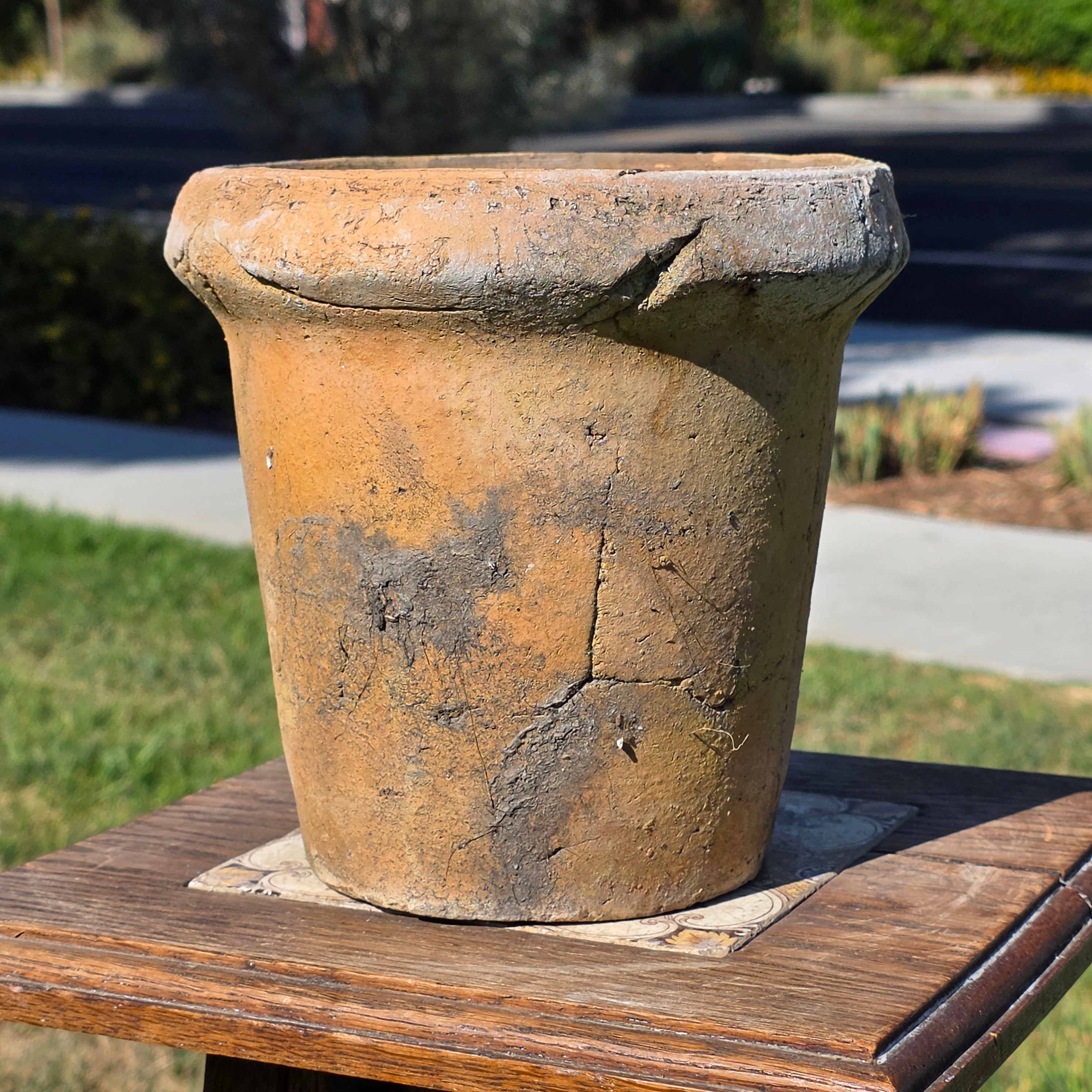 Vintage Brutalist Clay Cachepot Planter Rustic Garden Patina Flower Pot 7.5"