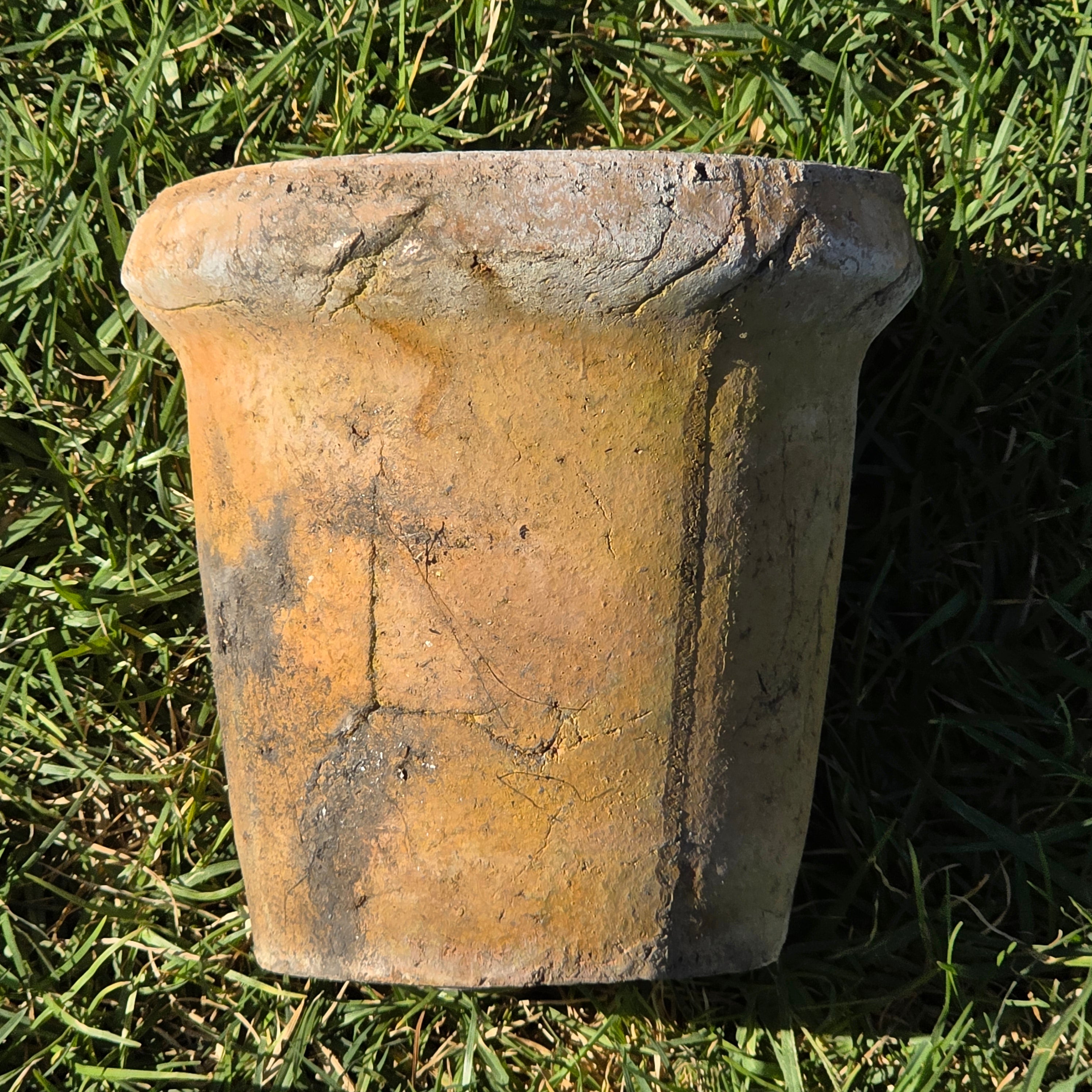 Vintage Brutalist Clay Cachepot Planter Rustic Garden Patina Flower Pot 7.5"