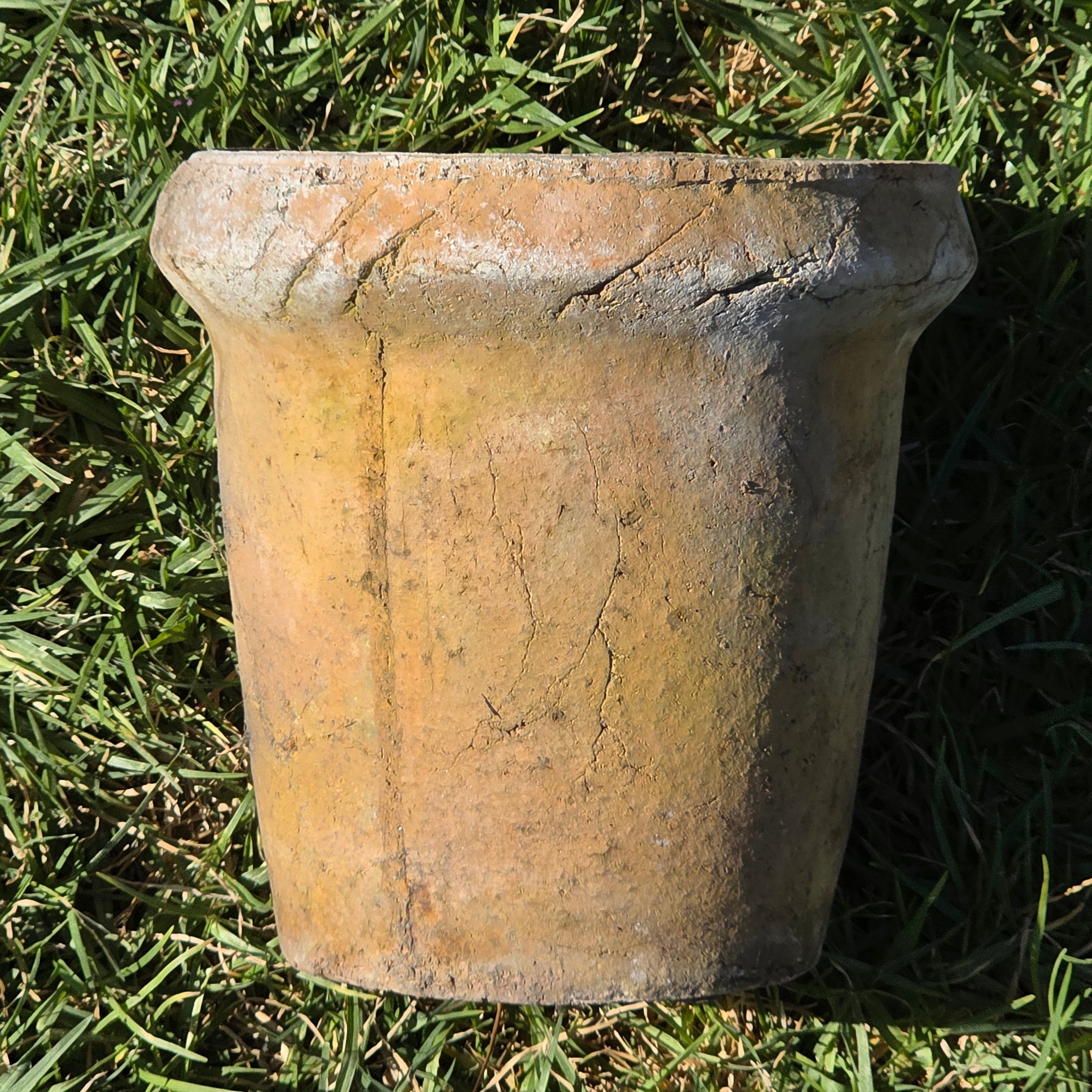 Vintage Brutalist Clay Cachepot Planter Rustic Garden Patina Flower Pot 7.5"