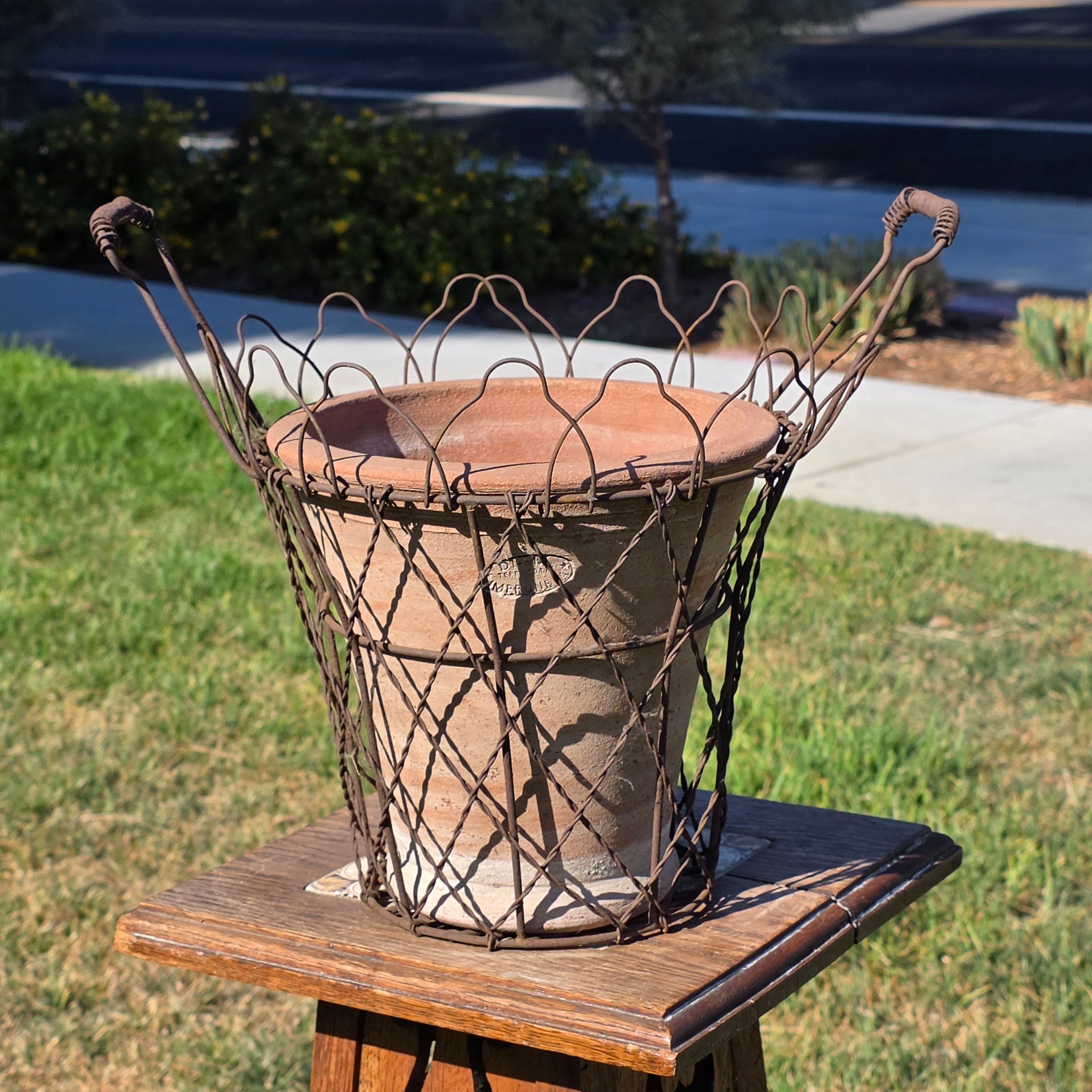 Vintage DI-MA Impruneta Italian Terracotta Planter Pot Wire Basket Tuscan Italy
