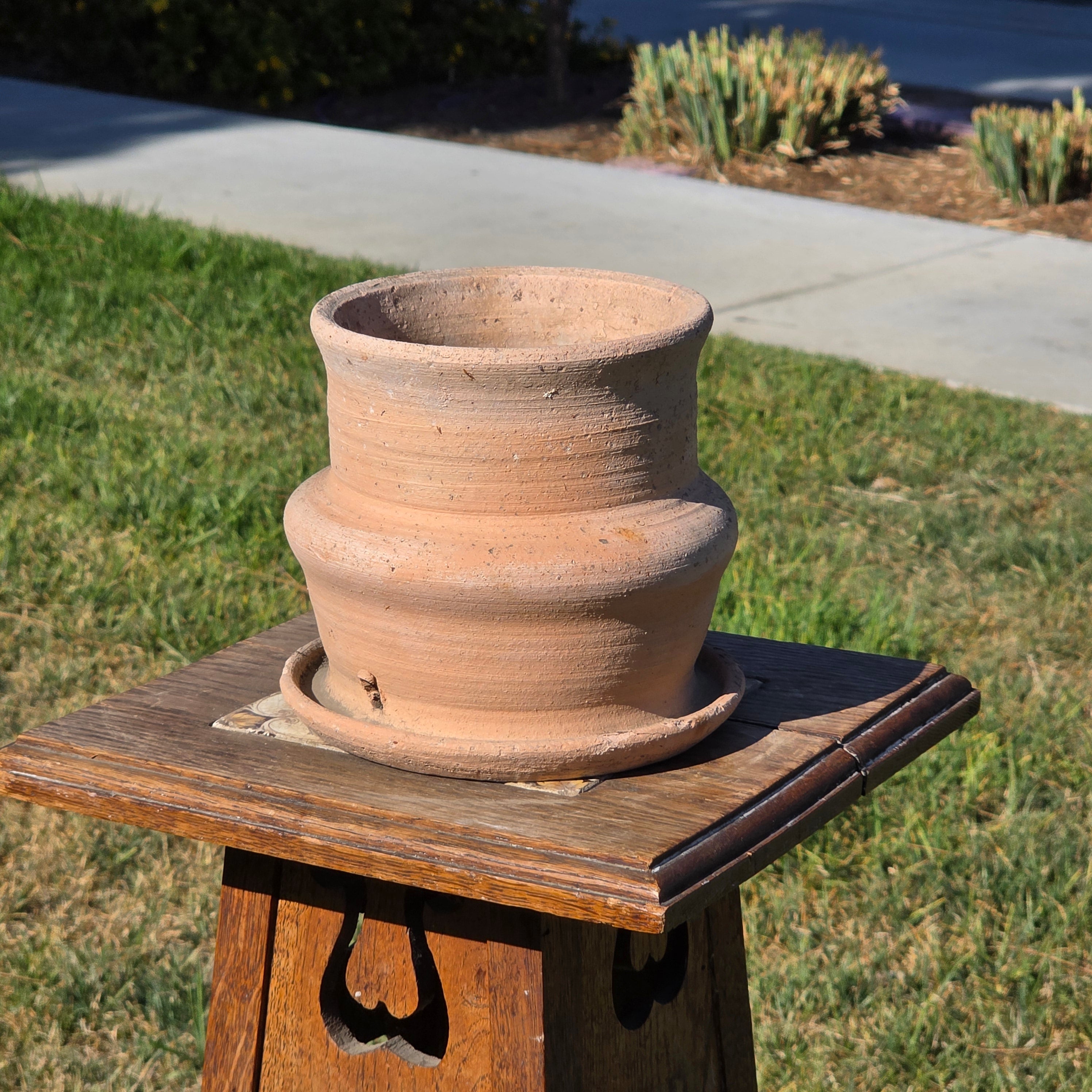Vintage Terracotta Planter Attached Saucer Stepped Clay Pot Signed G 6.75"