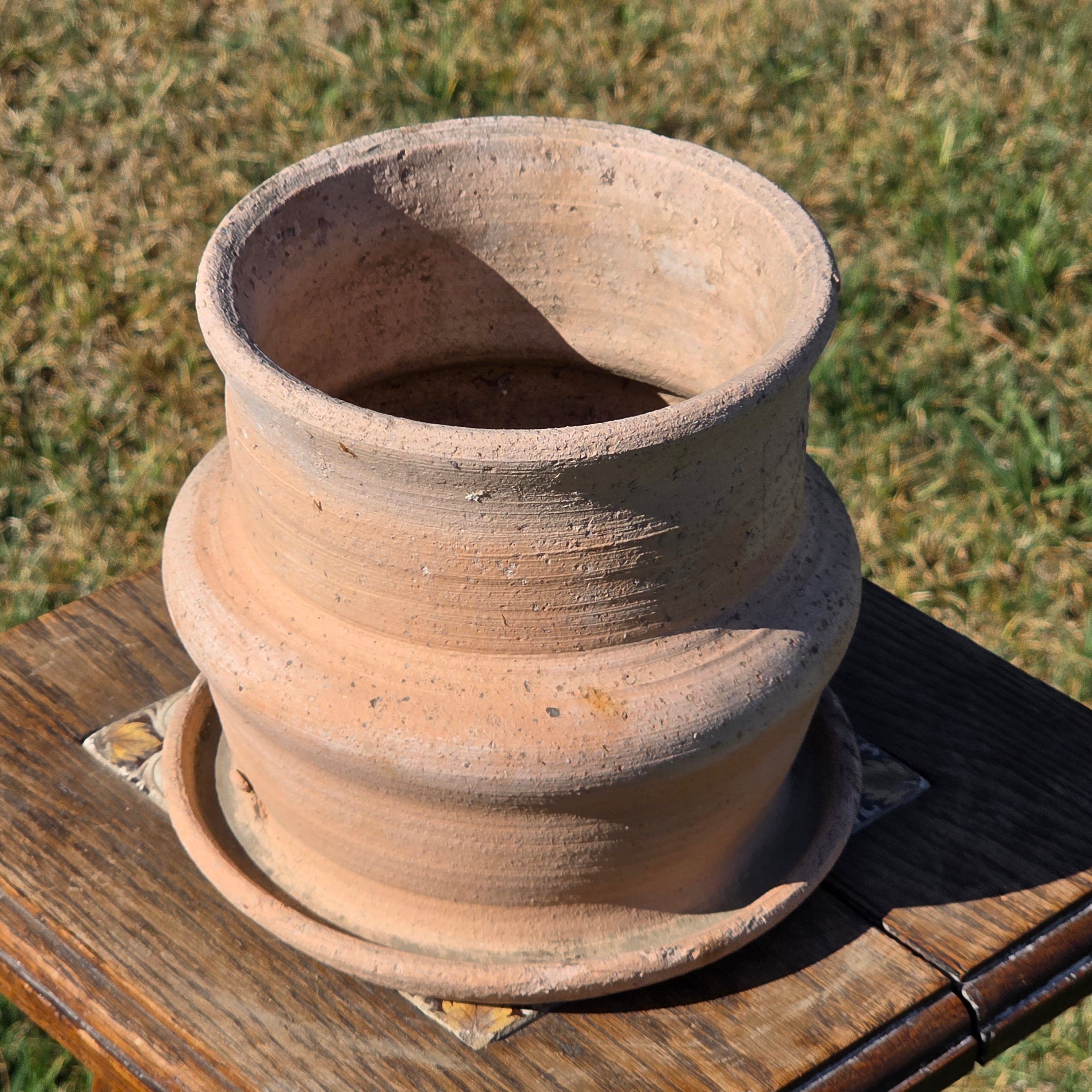 Vintage Terracotta Planter Attached Saucer Stepped Clay Pot Signed G 6.75"
