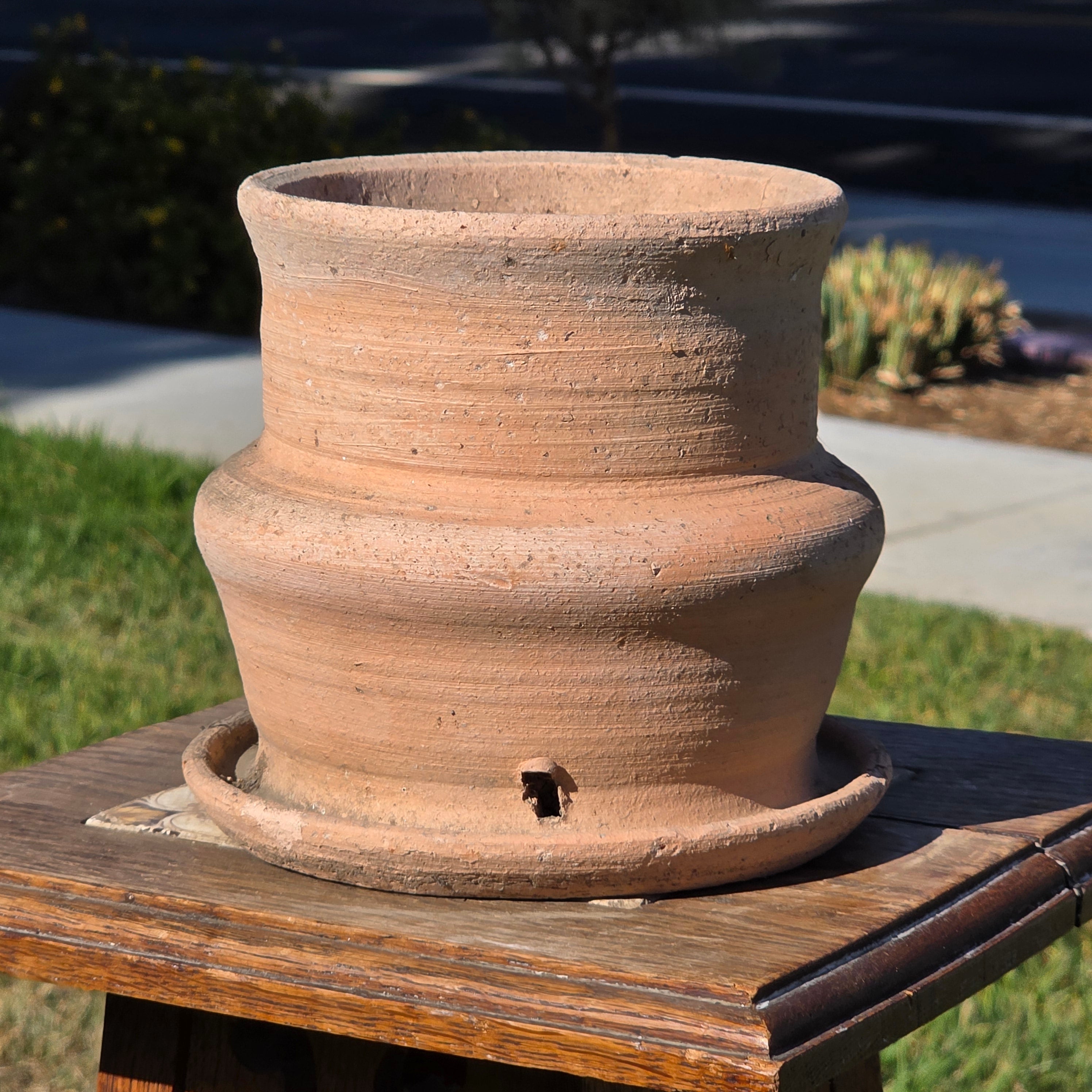 Vintage Terracotta Planter Attached Saucer Stepped Clay Pot Signed G 6.75"