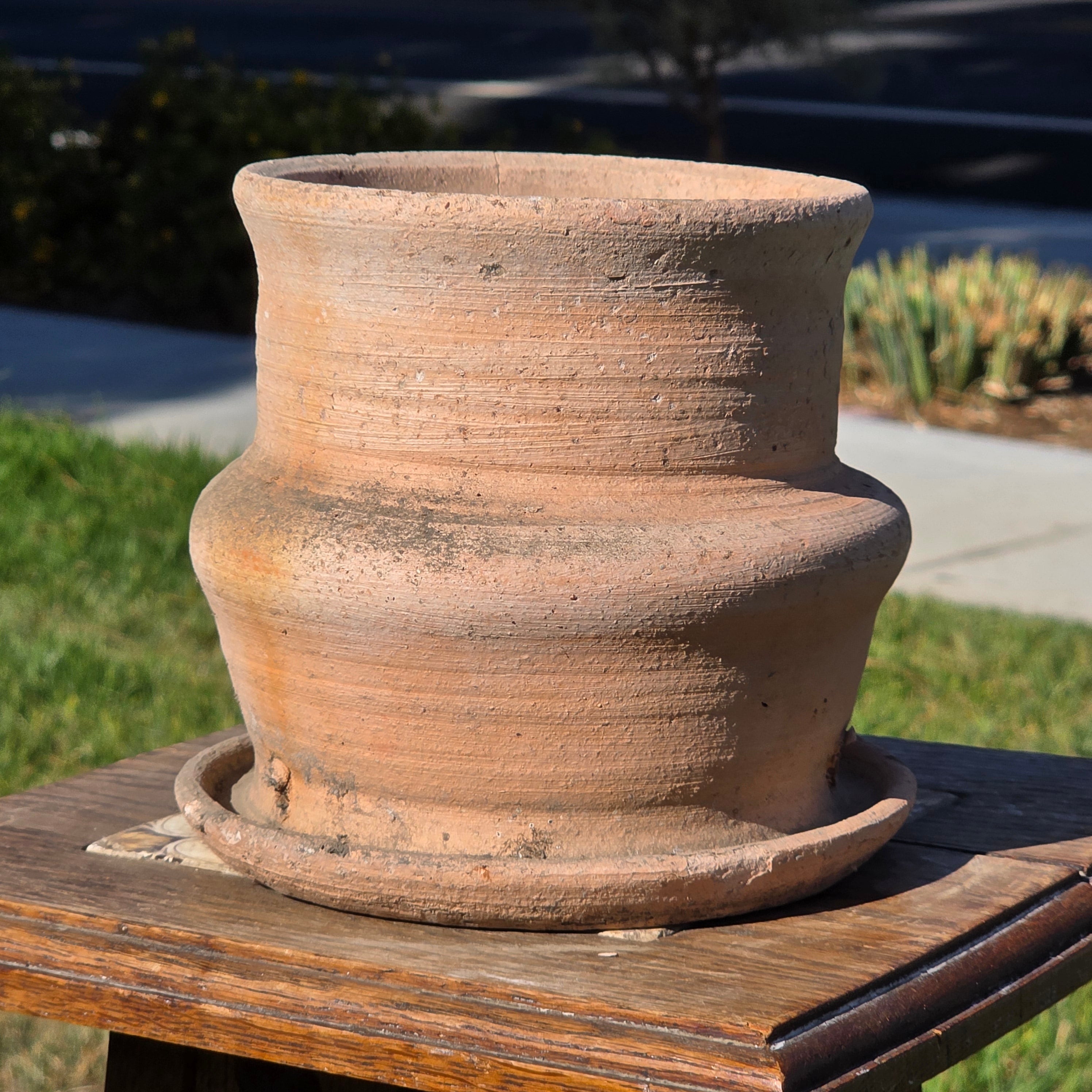 Vintage Terracotta Planter Attached Saucer Stepped Clay Pot Signed G 6.75"