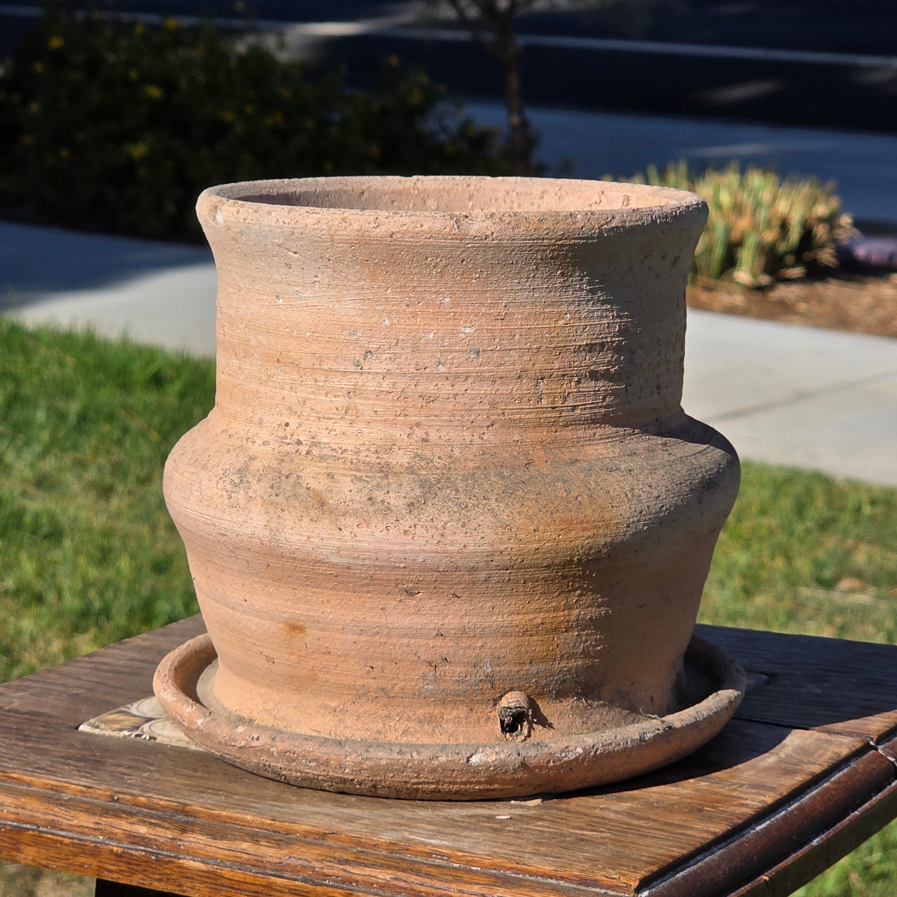 Vintage Terracotta Planter Attached Saucer Stepped Clay Pot Signed G 6.75"