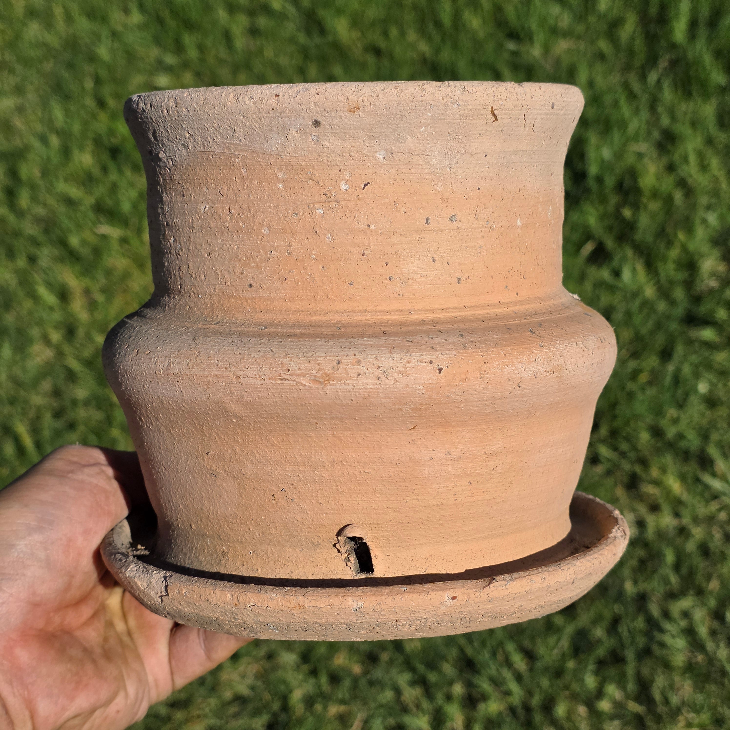 Vintage Terracotta Planter Attached Saucer Stepped Clay Pot Signed G 6.75"