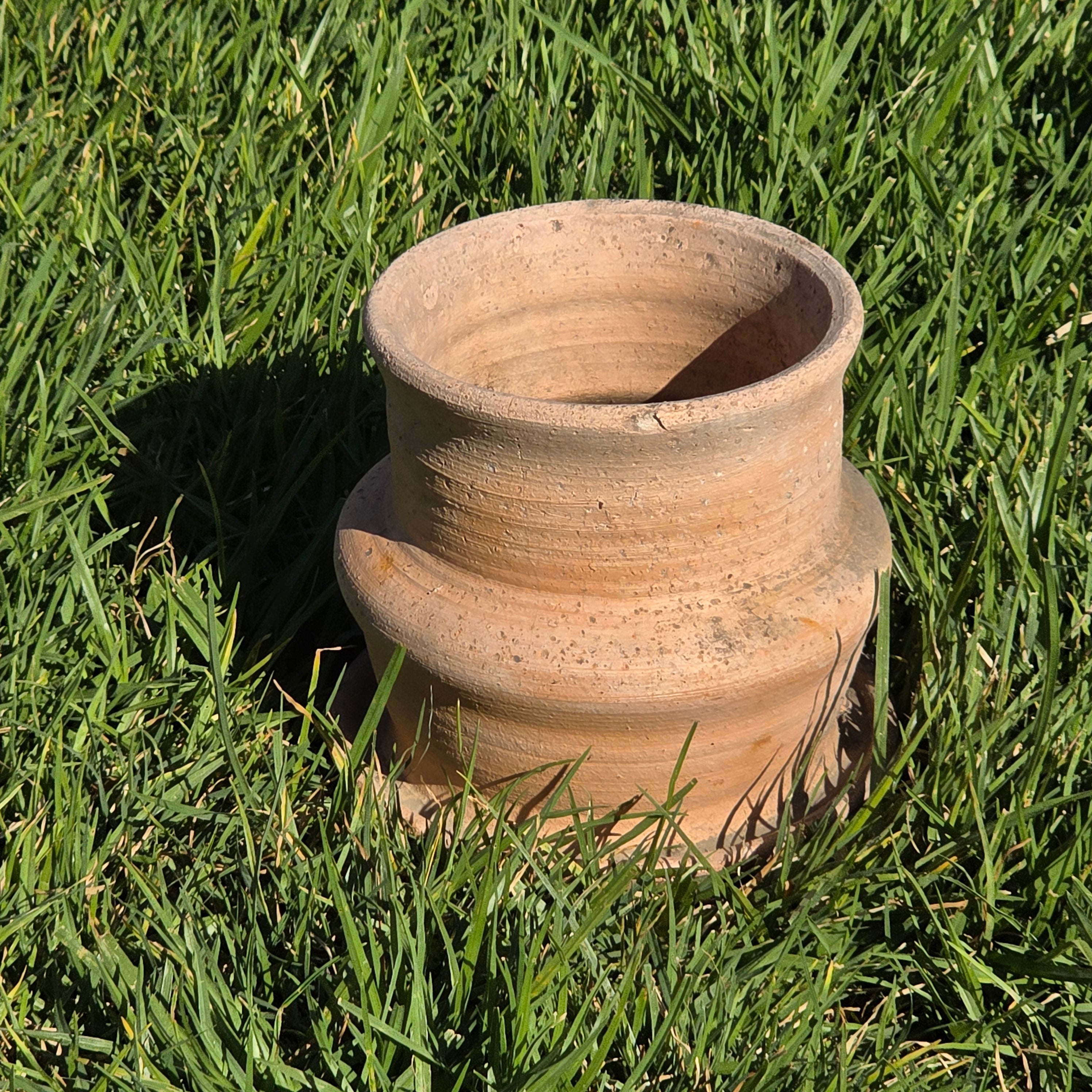Vintage Terracotta Planter Attached Saucer Stepped Clay Pot Signed G 6.75"