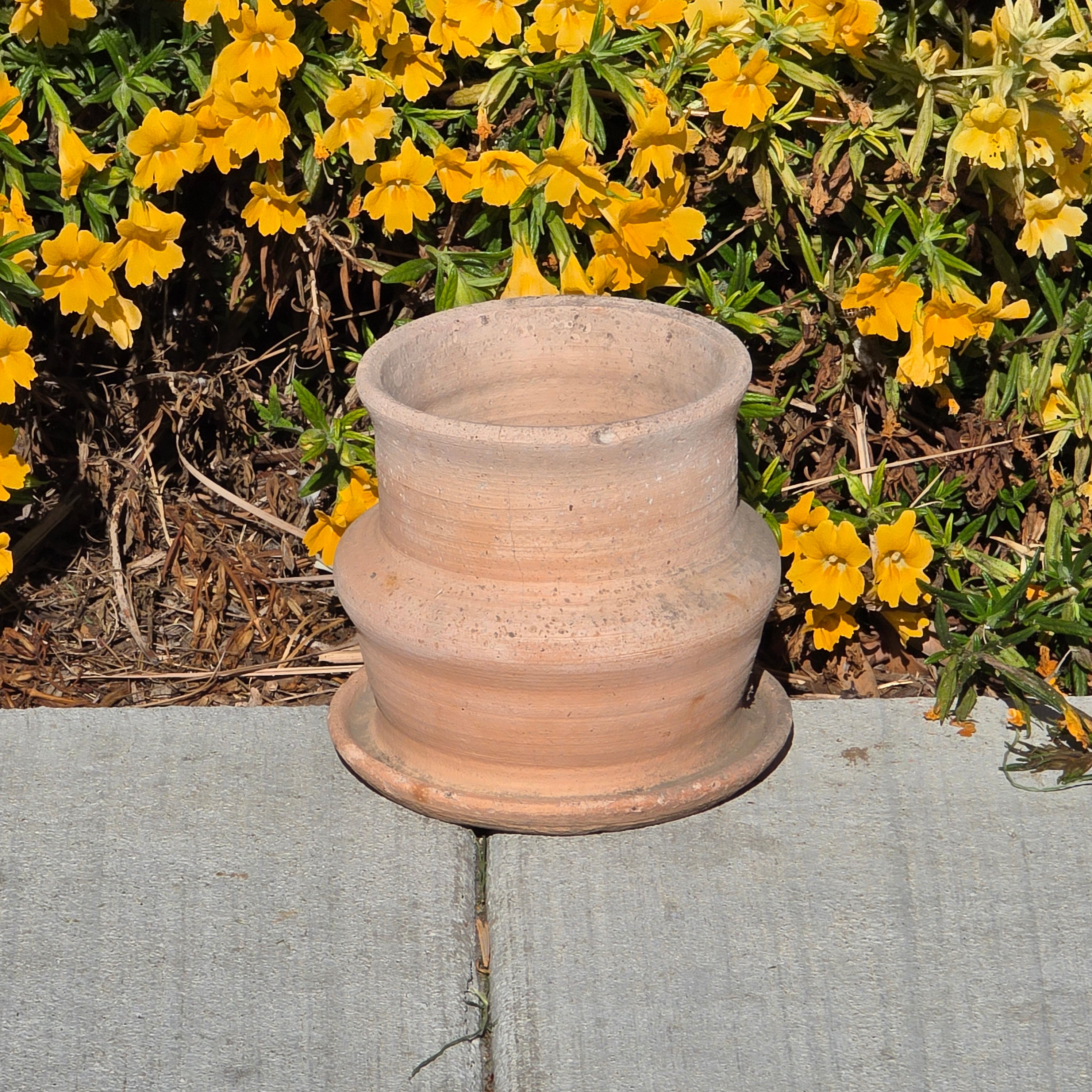 Vintage Terracotta Planter Attached Saucer Stepped Clay Pot Signed G 6.75"