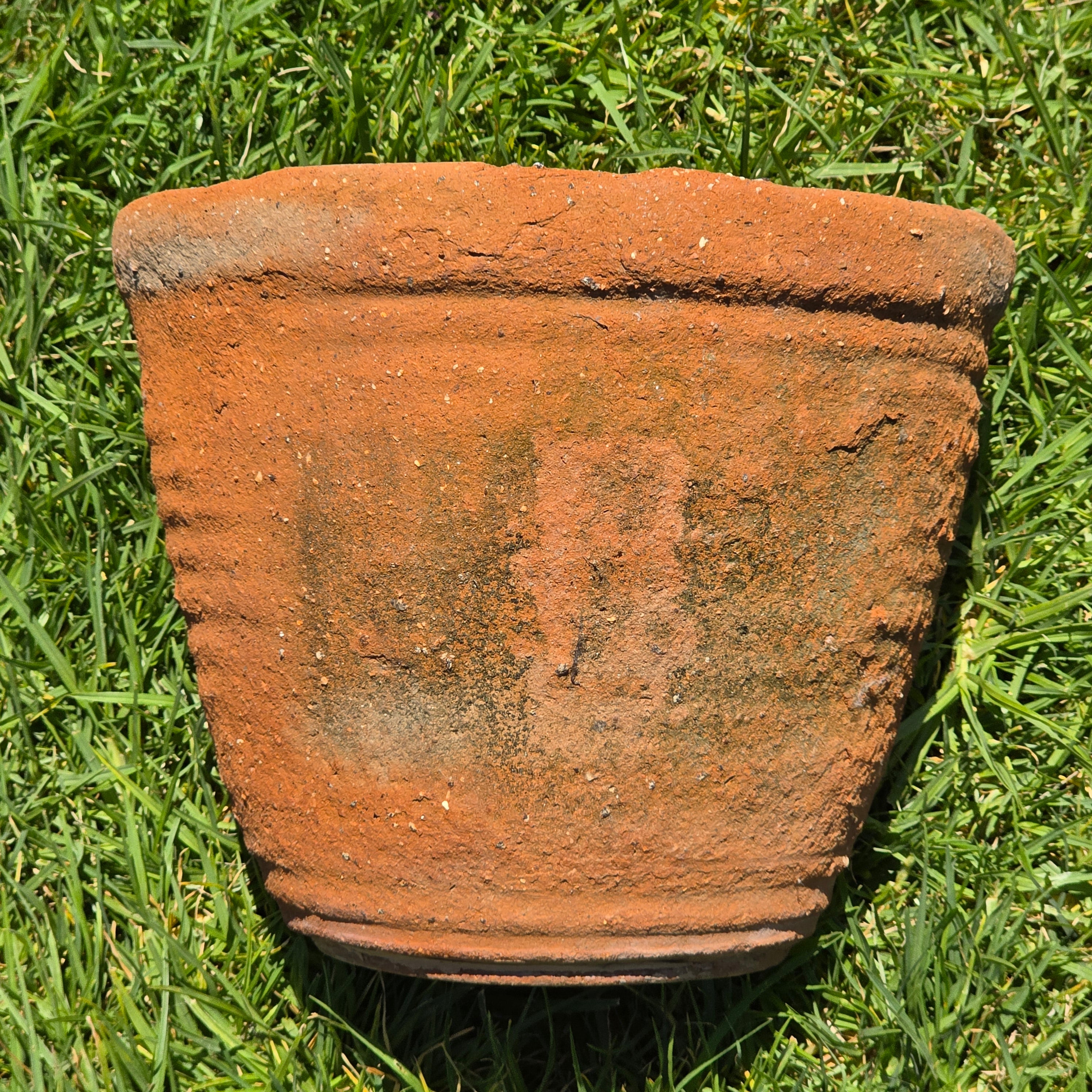 Vintage Tuscan Terracotta Planter Moss Patina Ribbed Clay Flower Pot 13" Round