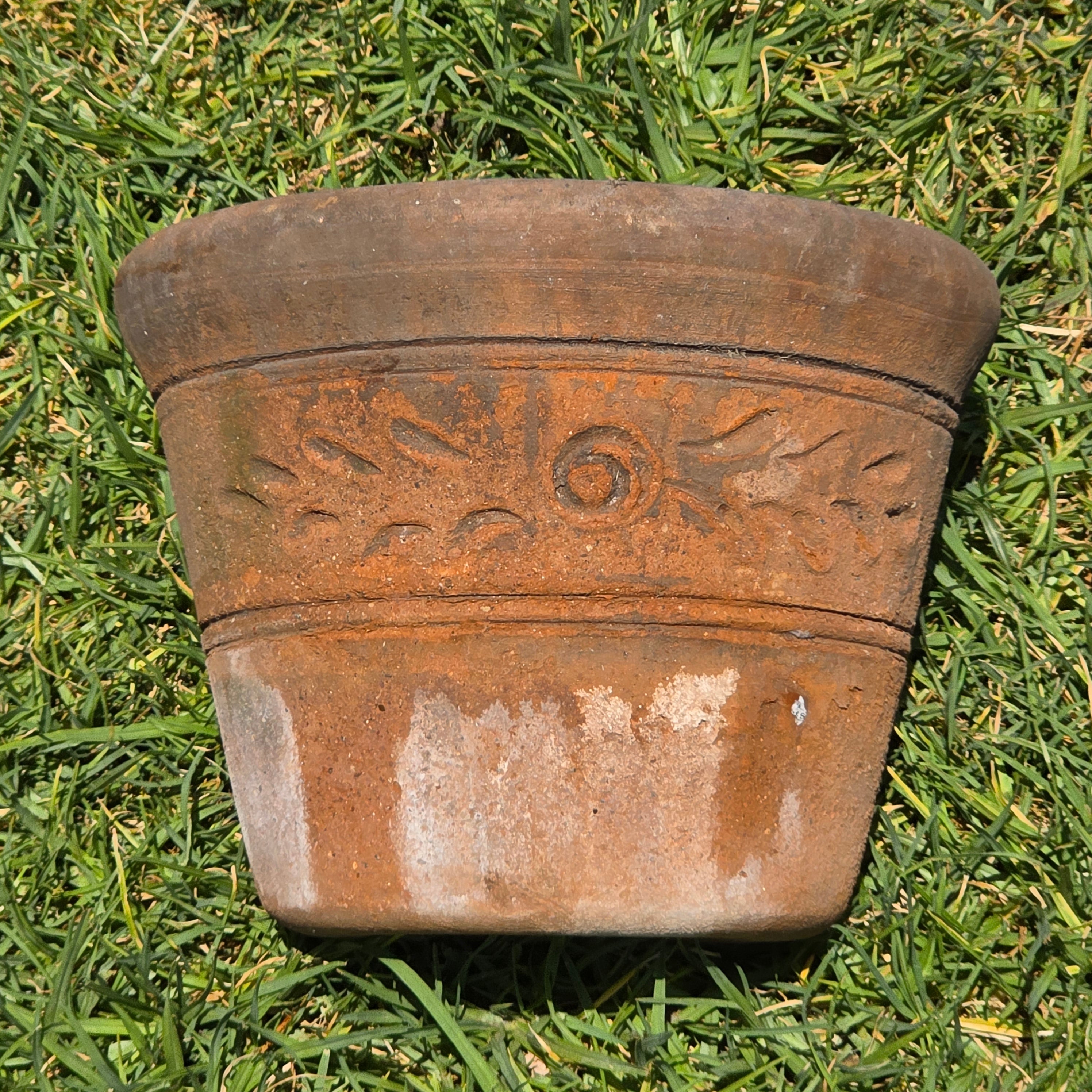 Vintage Mexican Terracotta Planter Pot w/ Saucer Embossed Leaf Southwestern 10"