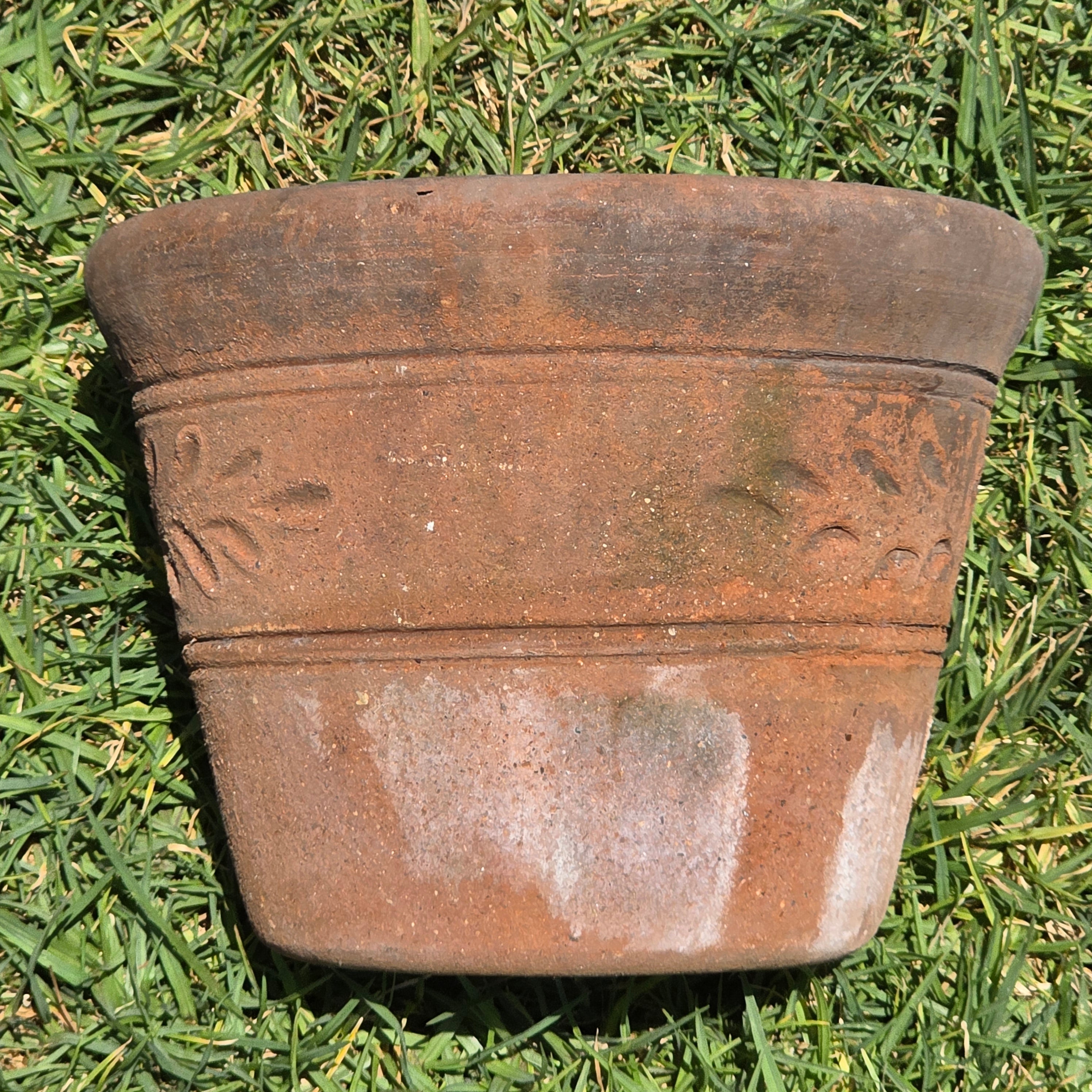 Vintage Mexican Terracotta Planter Pot w/ Saucer Embossed Leaf Southwestern 10"