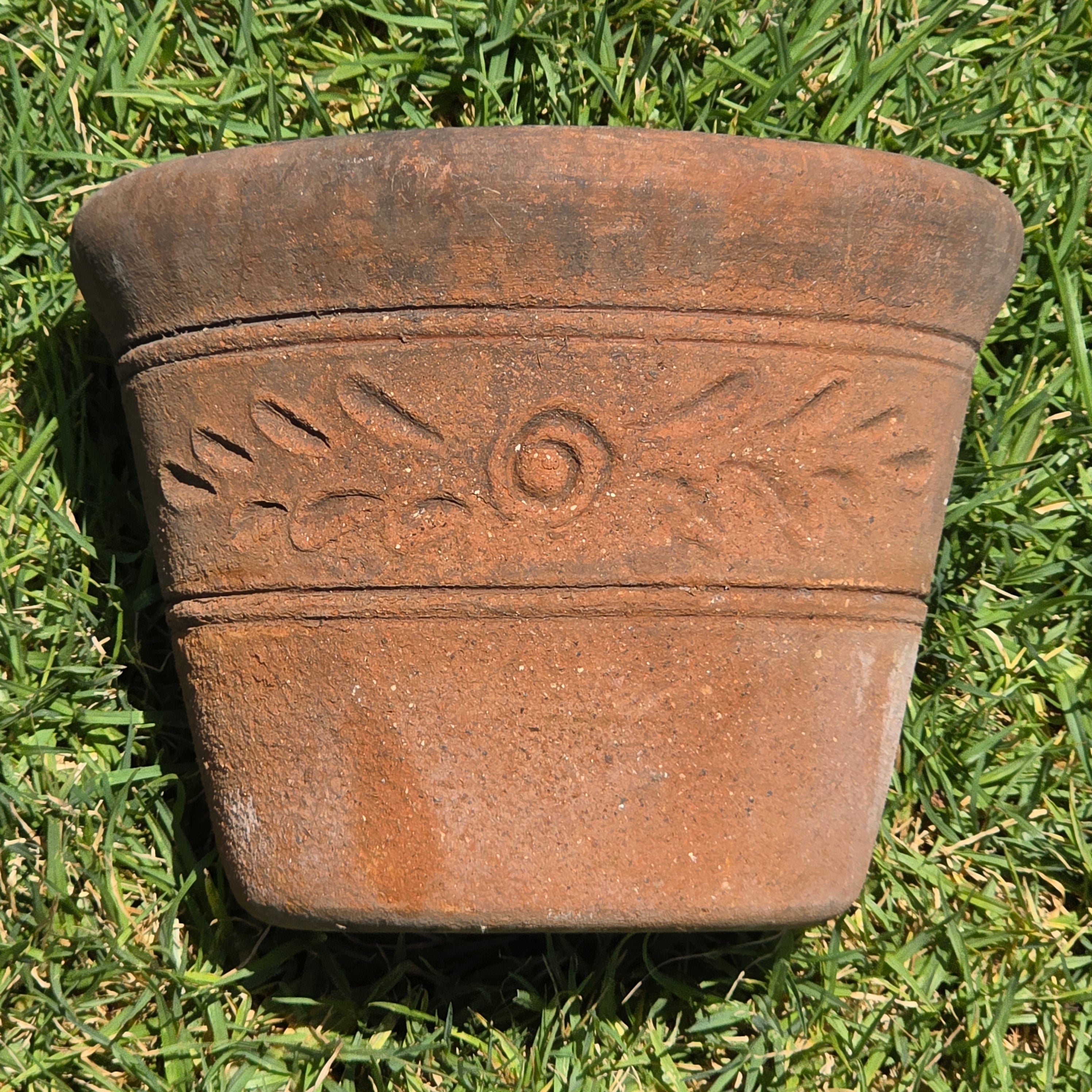 Vintage Mexican Terracotta Planter Pot w/ Saucer Embossed Leaf Southwestern 10"