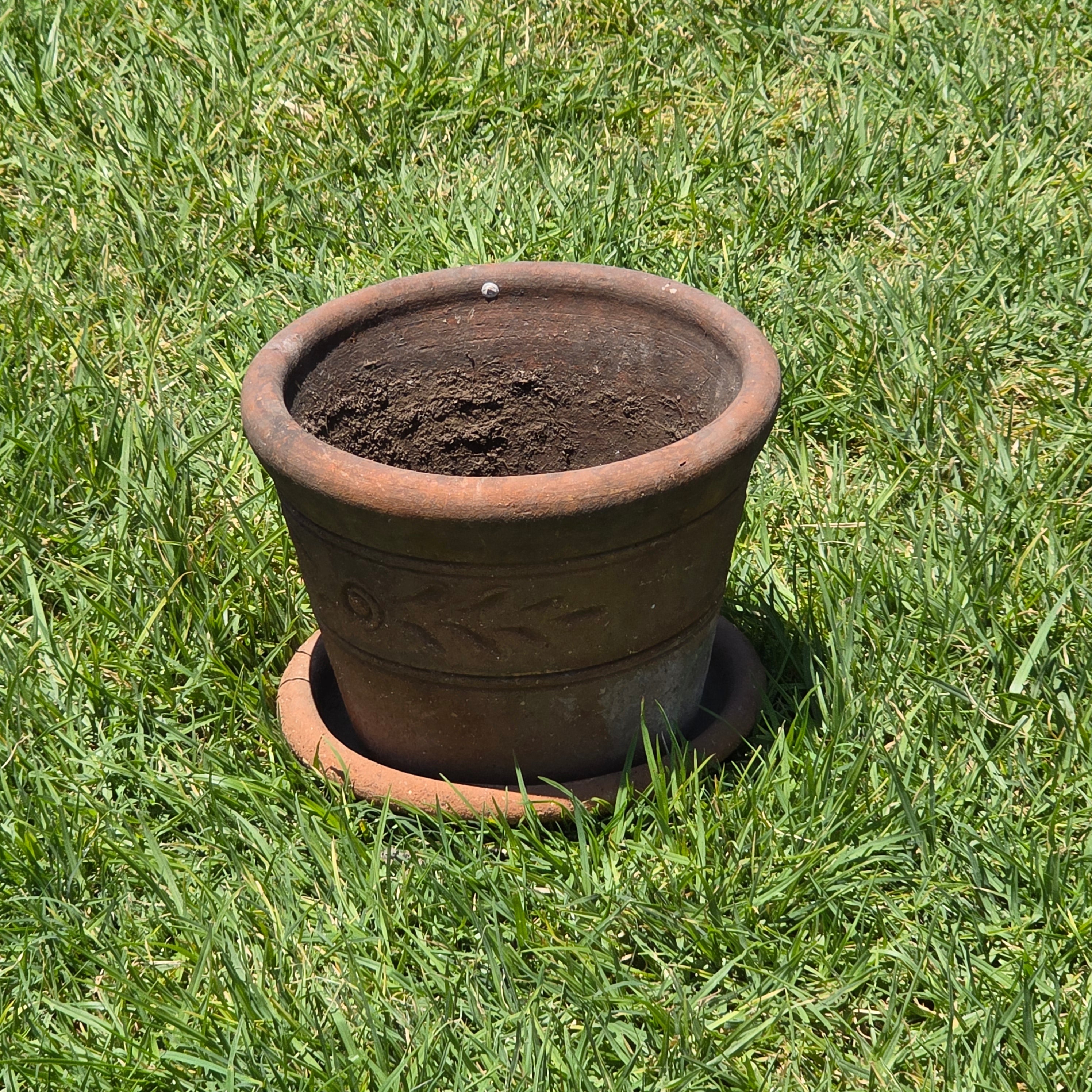 Vintage Mexican Terracotta Planter Pot w/ Saucer Embossed Leaf Southwestern 10"