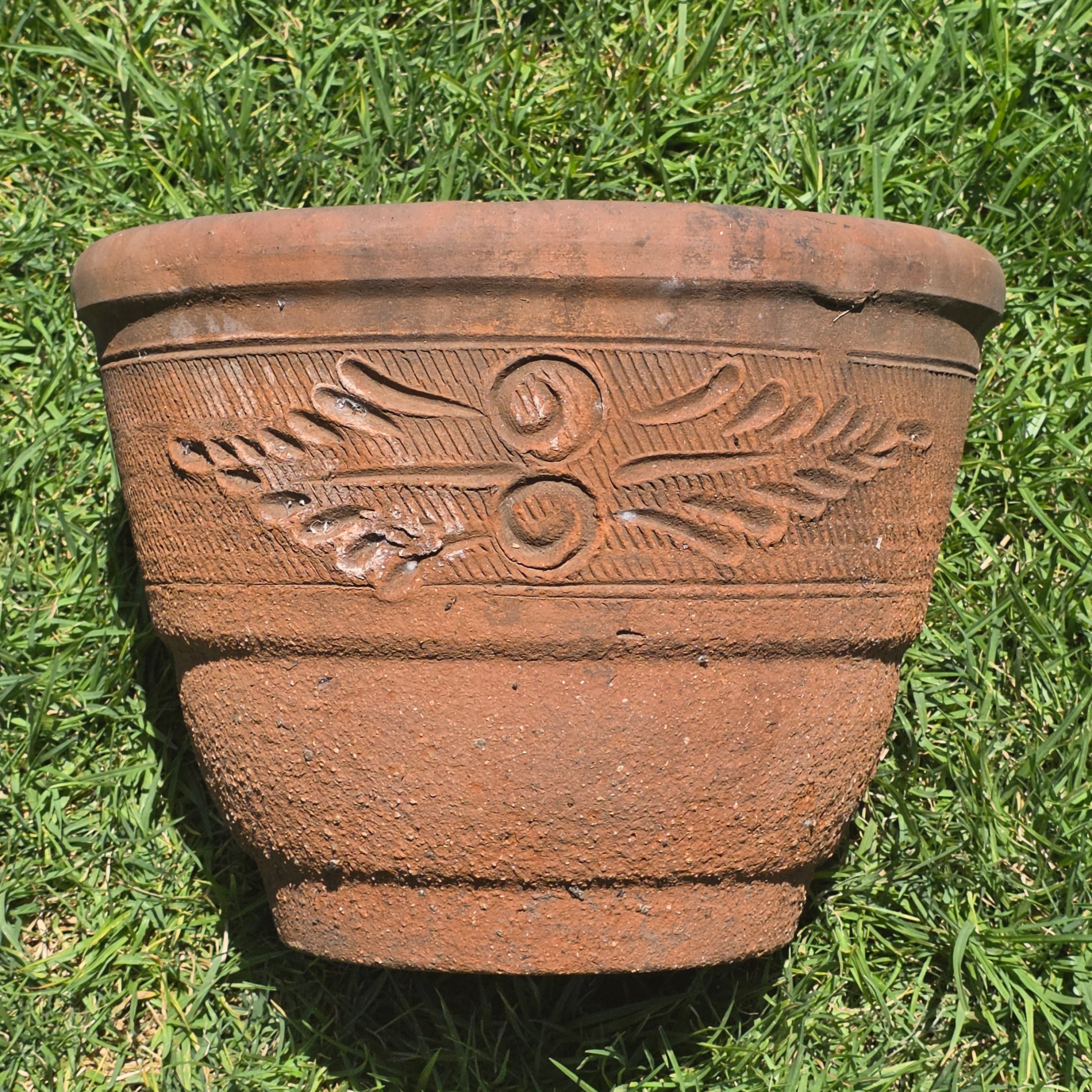 Vintage Mexican Terracotta Planter Pot Heavy Clay Leaf Southwestern Garden 16"