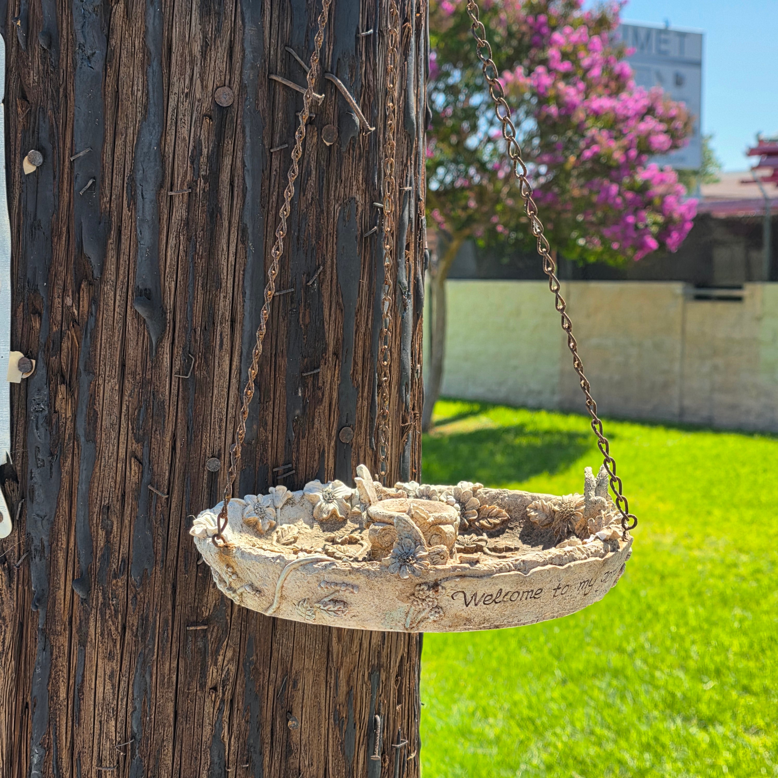 Vintage Resin Hanging Bird Feeder Welcome to My Garden Hummingbird Candle Holder