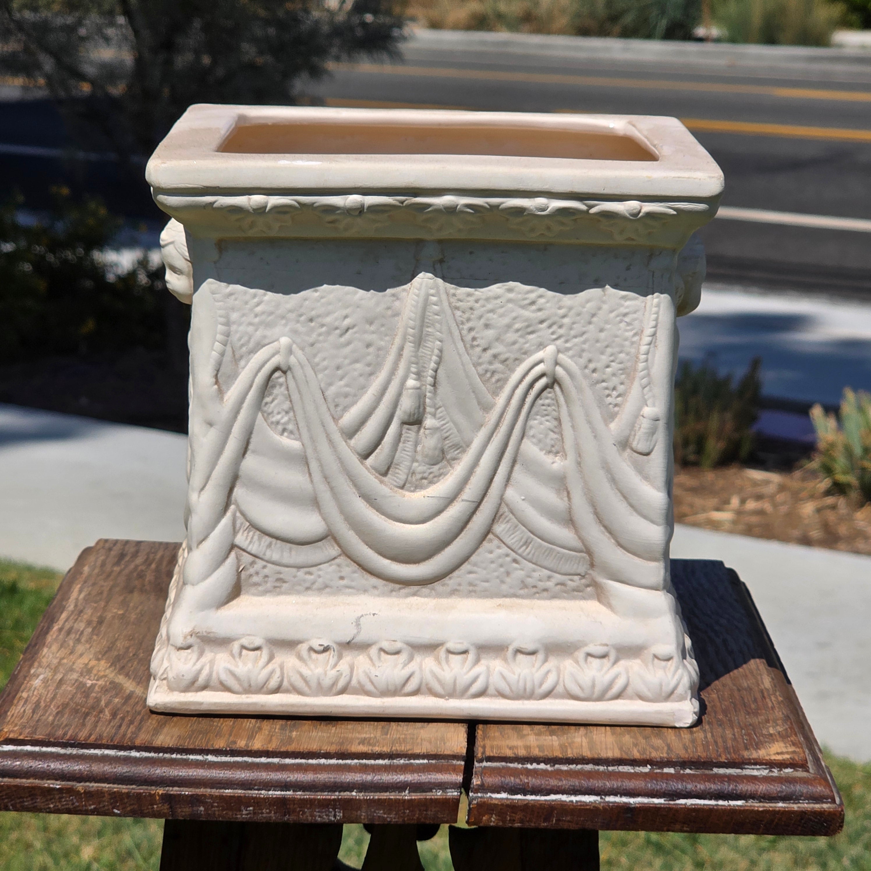 Vintage Neoclassical Cherub Angel Square Planter Box Cachepot Off White Cream 7"