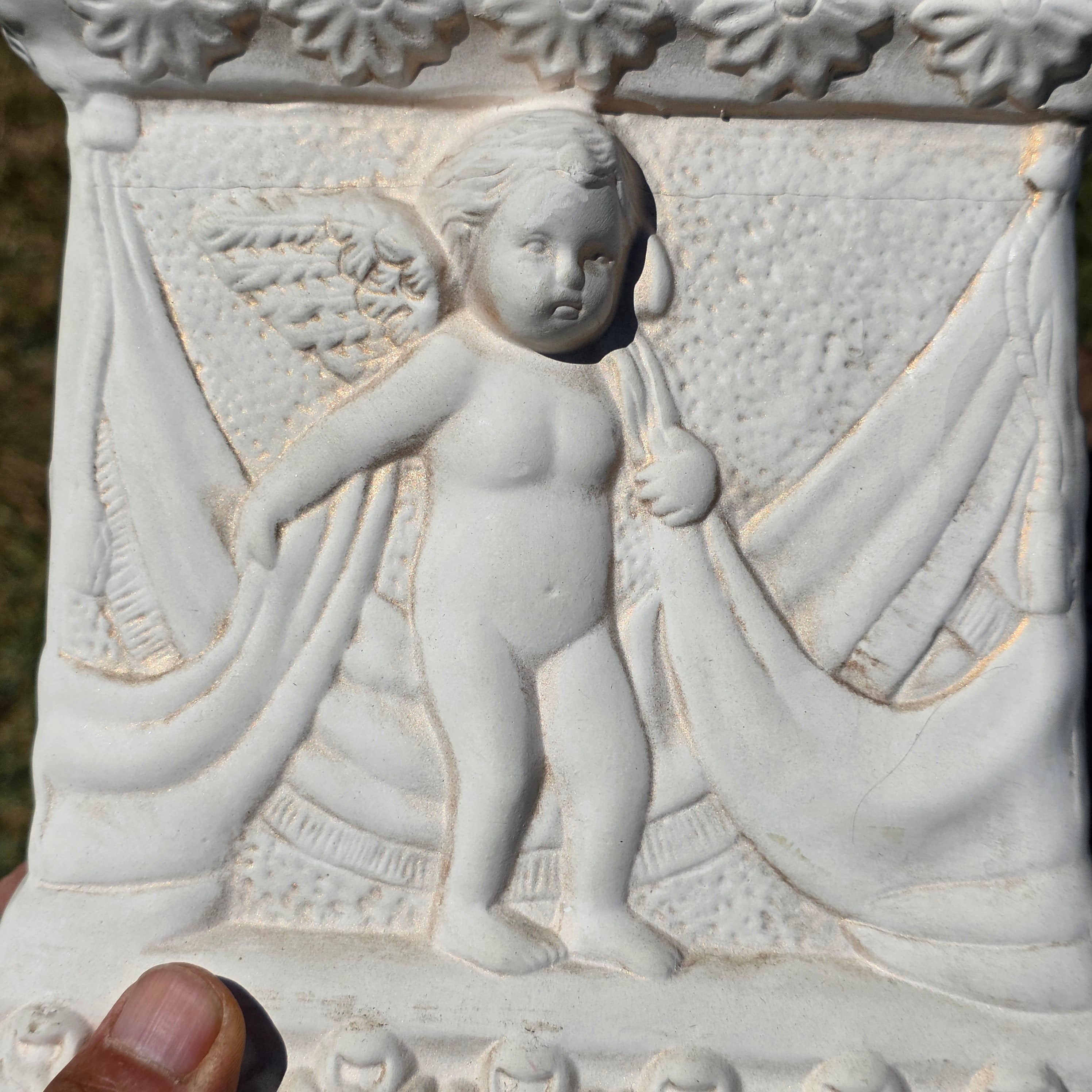 Vintage Neoclassical Cherub Angel Square Planter Box Cachepot Off White Cream 7"