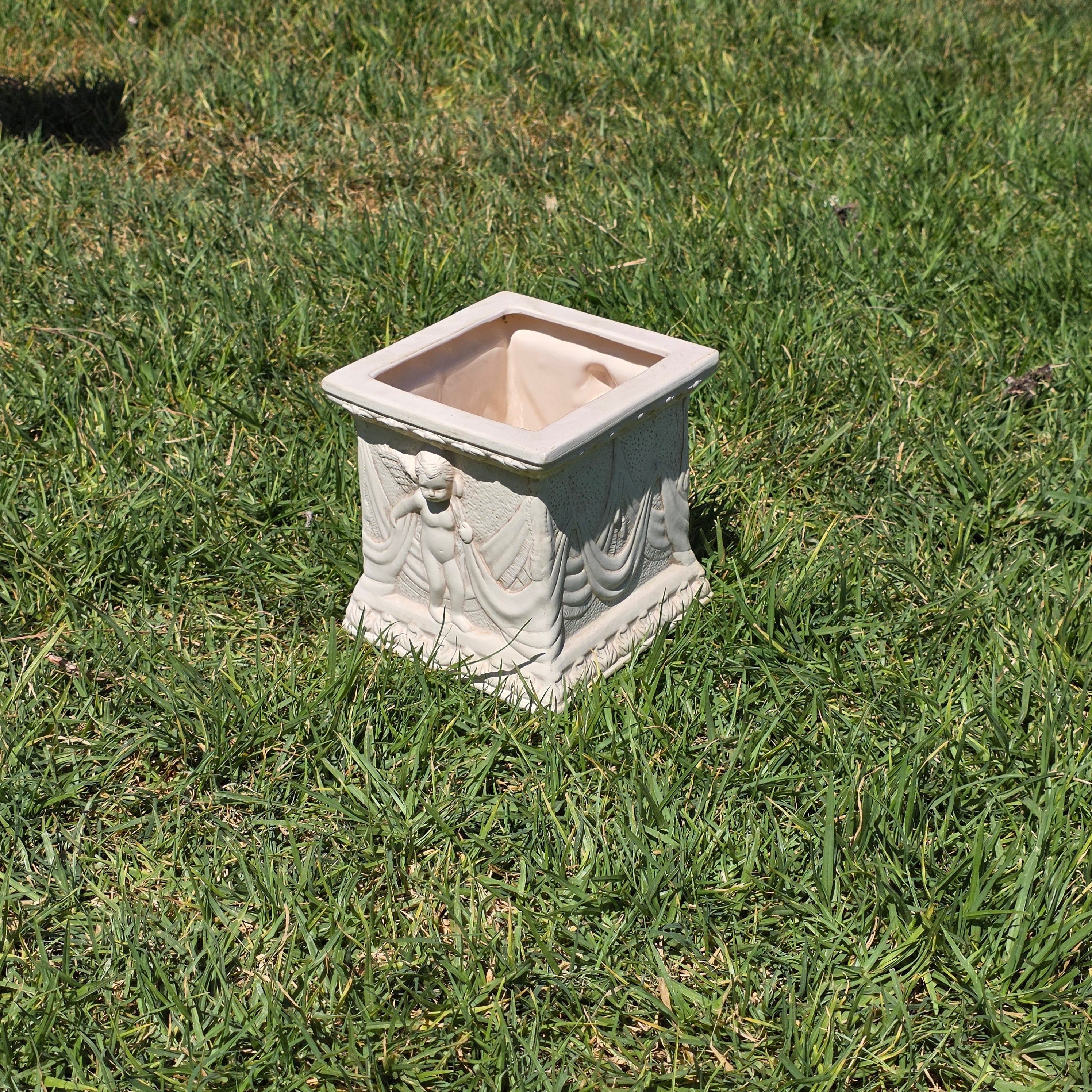 Vintage Neoclassical Cherub Angel Square Planter Box Cachepot Off White Cream 7"