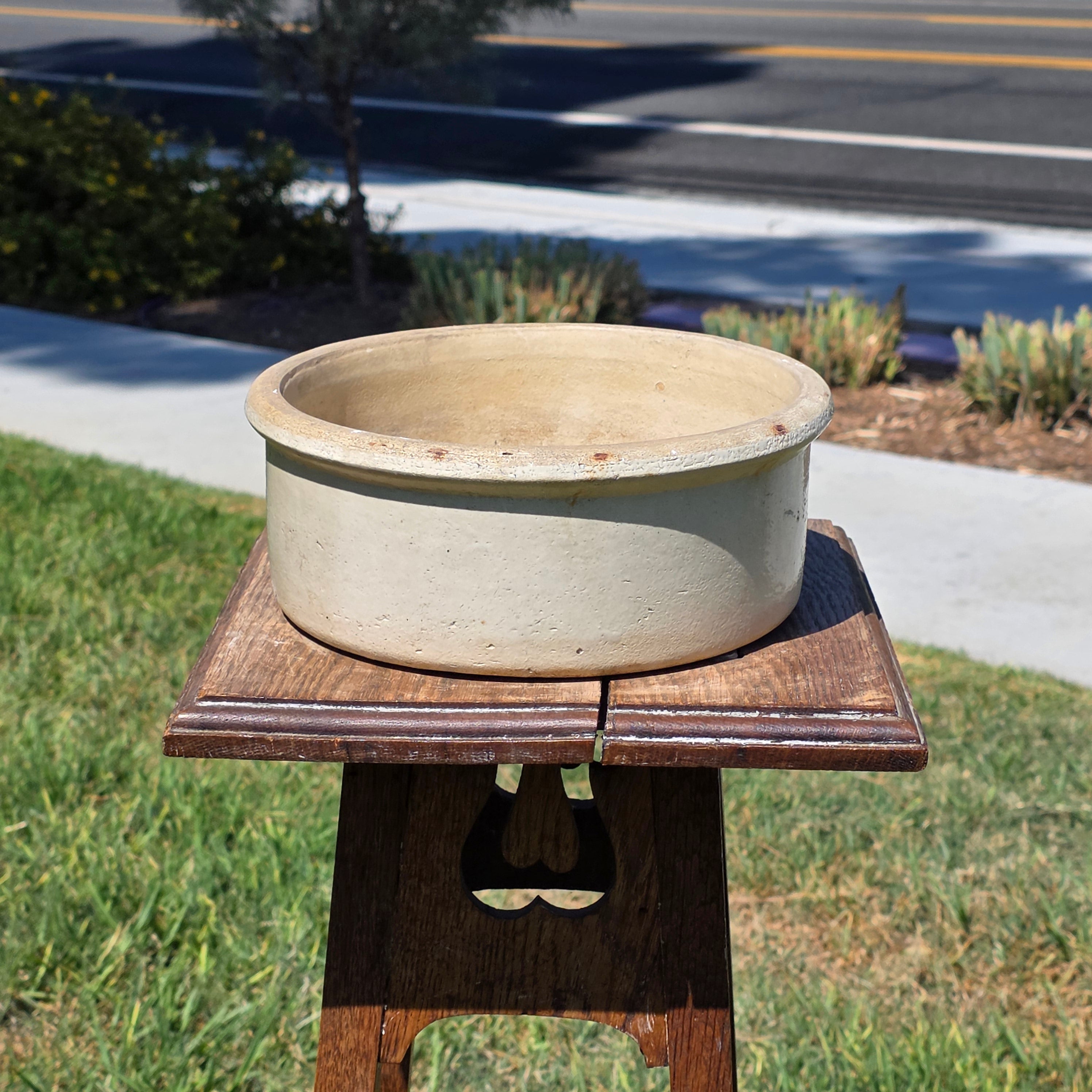 Antique Stoneware Planter Pot Shallow Bowl Beige Clay Farmhouse Garden 9.25”