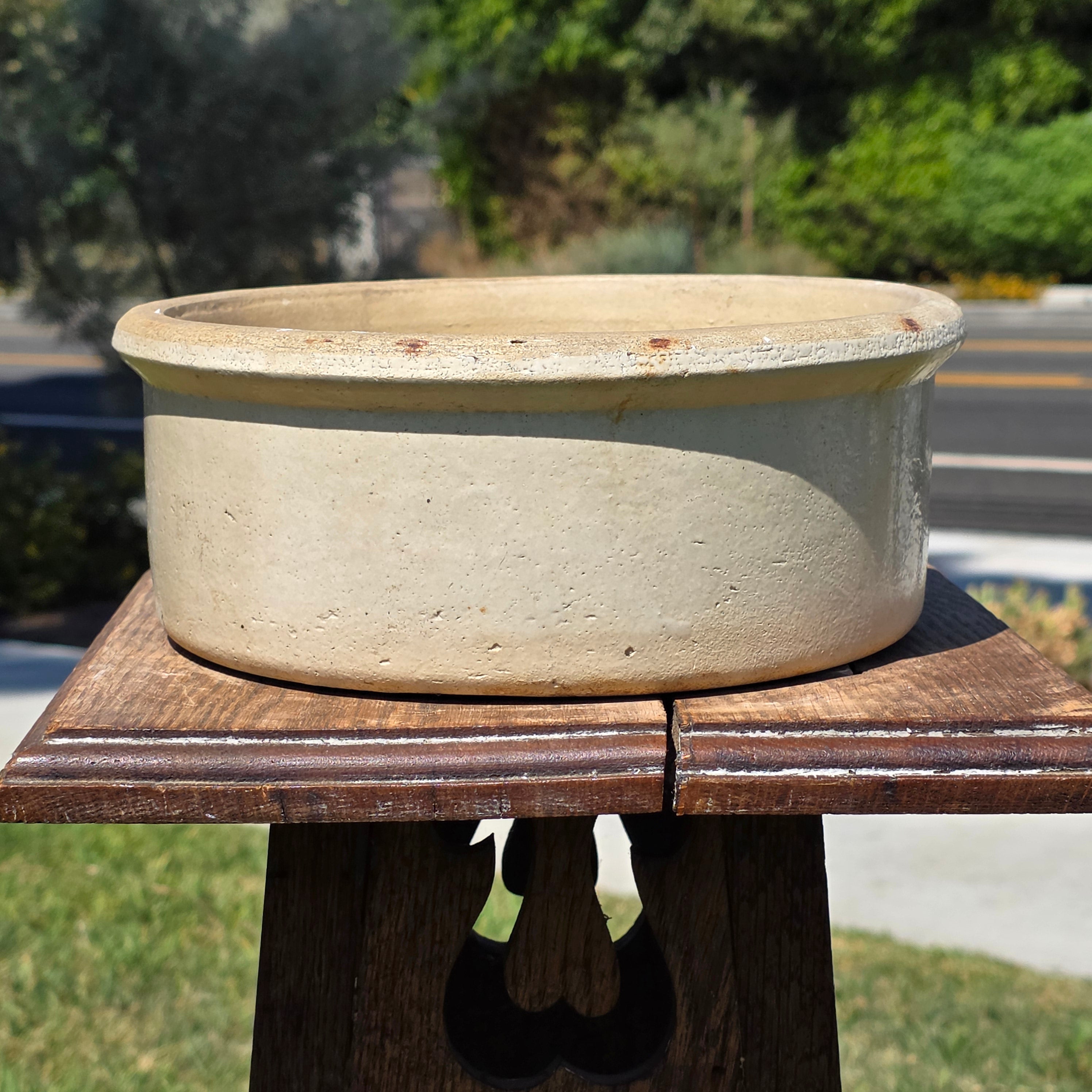 Antique Stoneware Planter Pot Shallow Bowl Beige Clay Farmhouse Garden 9.25”
