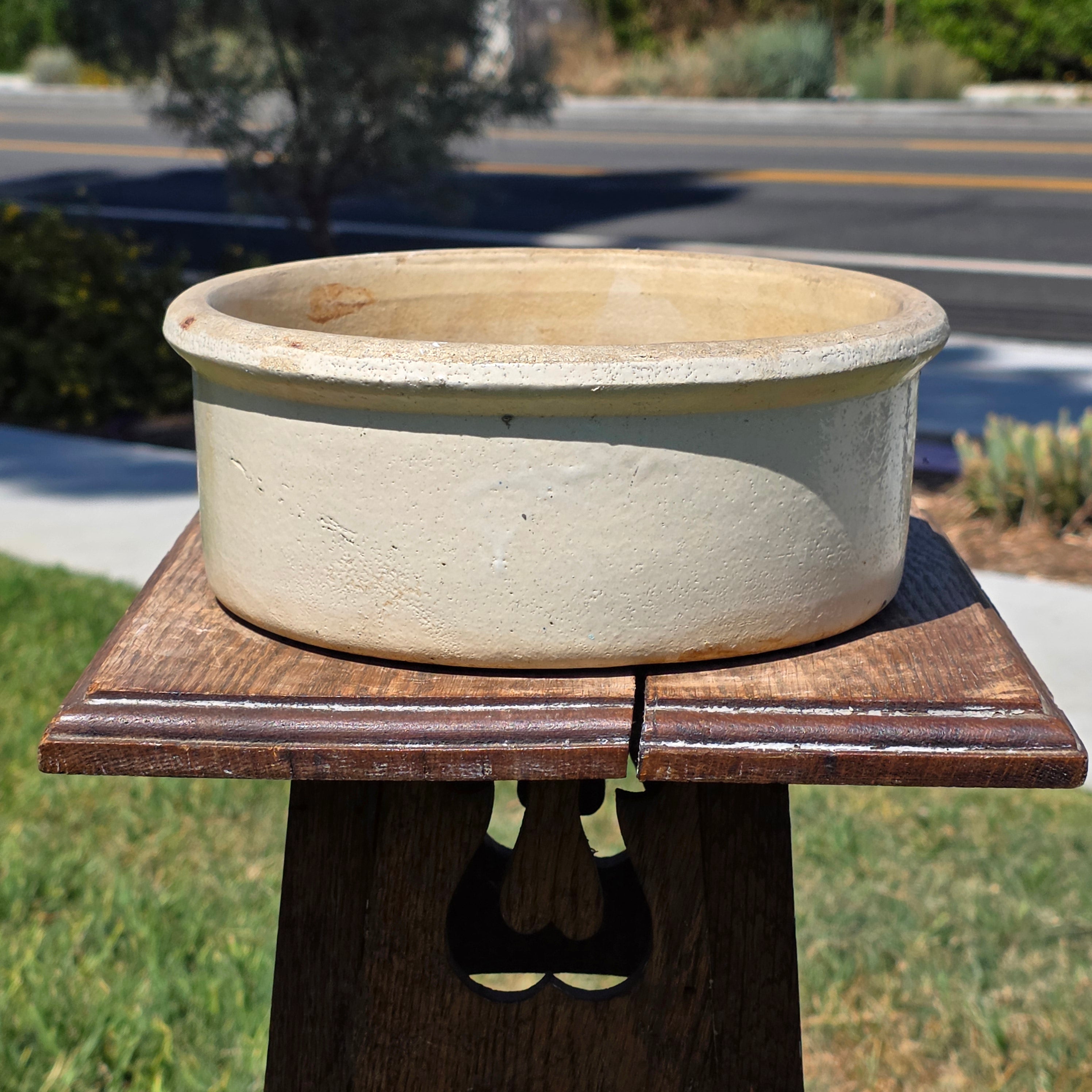 Antique Stoneware Planter Pot Shallow Bowl Beige Clay Farmhouse Garden 9.25”